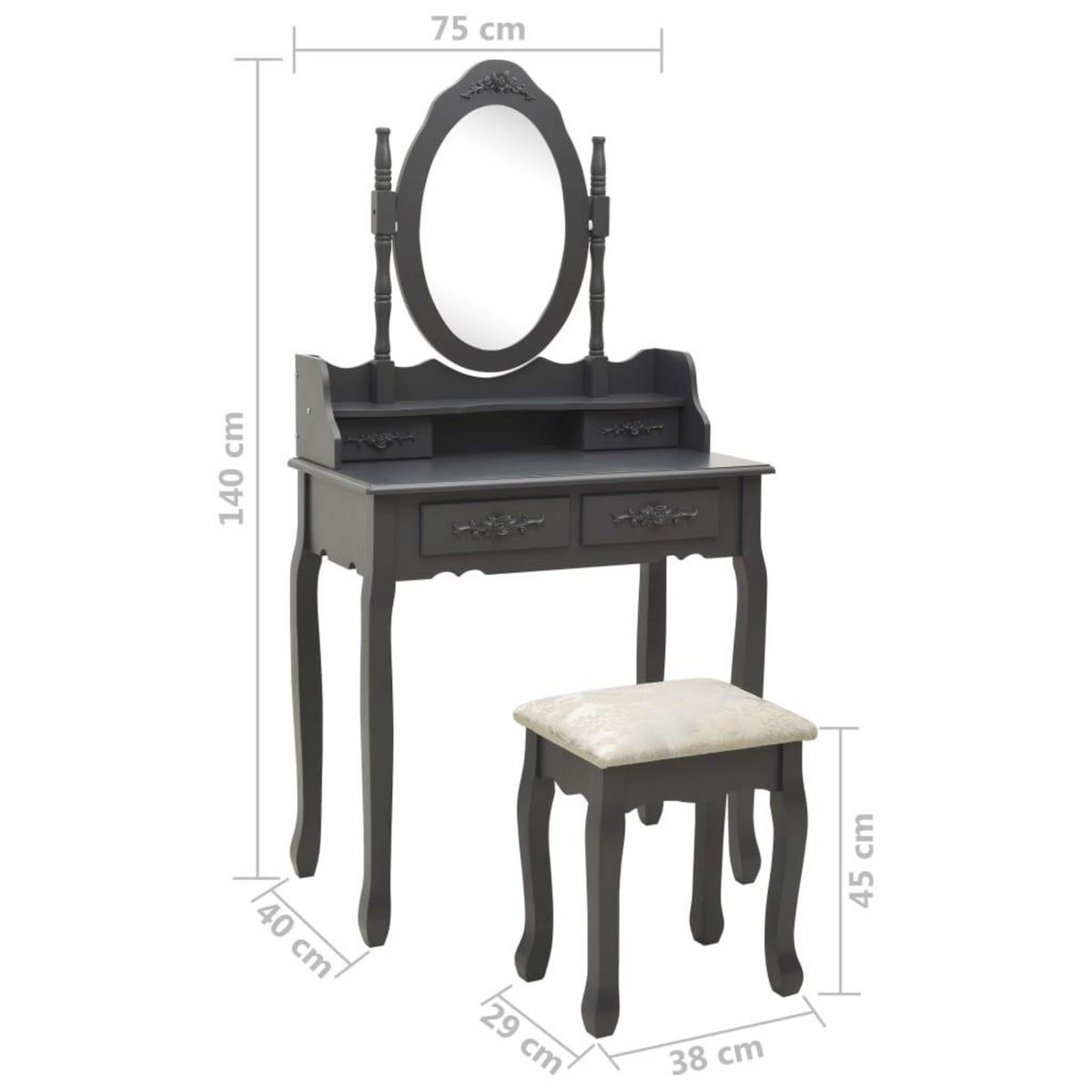 VIDAXL Ensemble de coiffeuse avec tabouret Gris 75x69x140 cm Paulownia