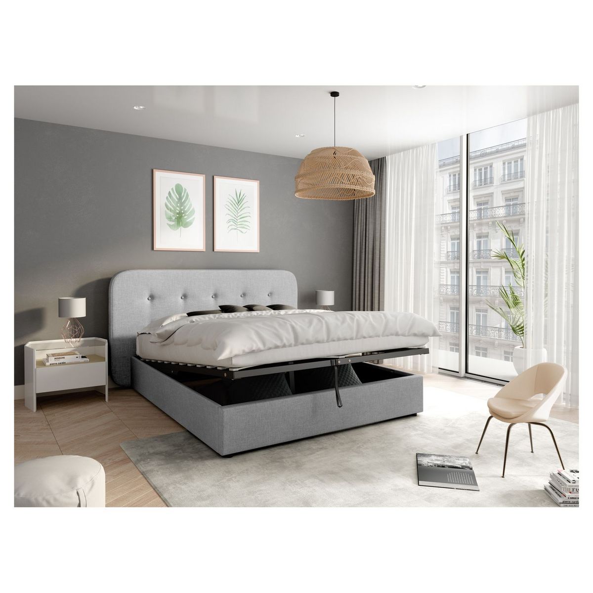 Lit coffre avec sommier relevable et tête de lit capitonnée en tissu gris clair 140x190 cm JOHN