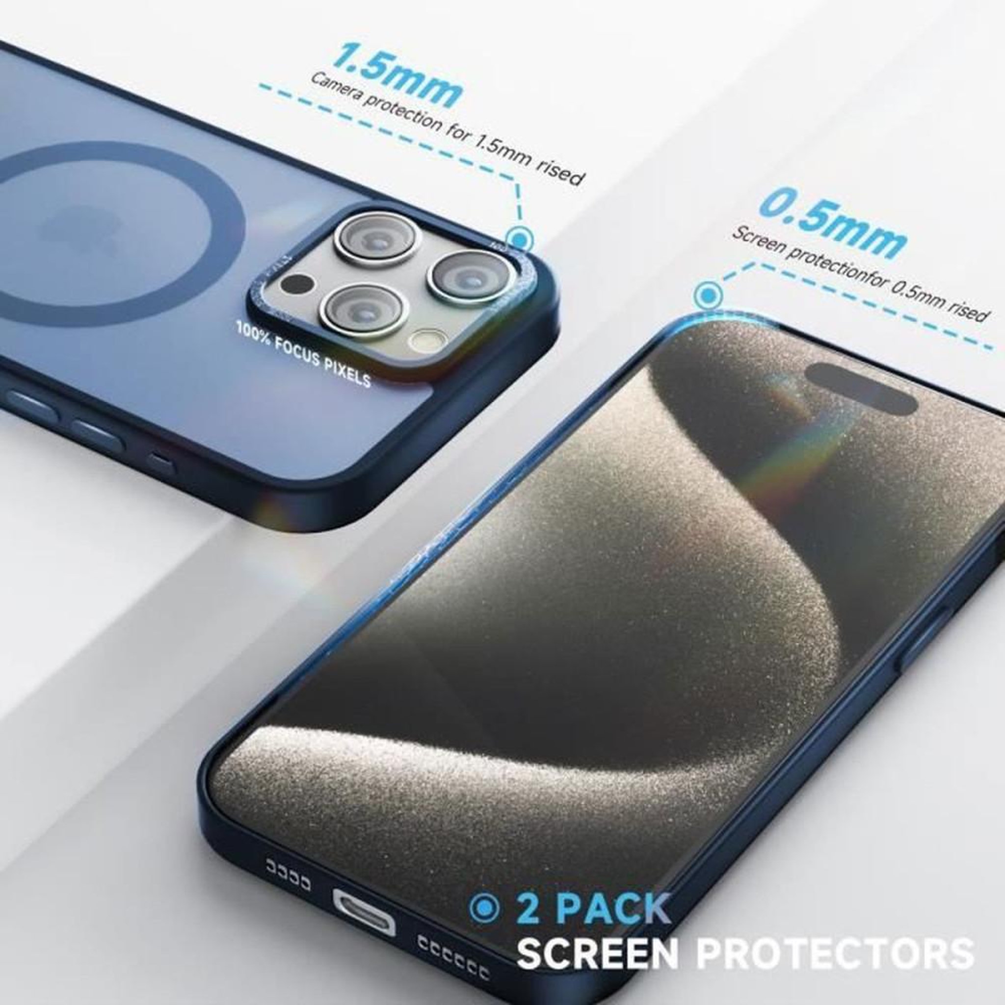 Voir la diapositive 3 : Coque iPhone 15 Pro bleu finition mate ultra-fine compatible MagSafe + 2 protections écran en verre trempé