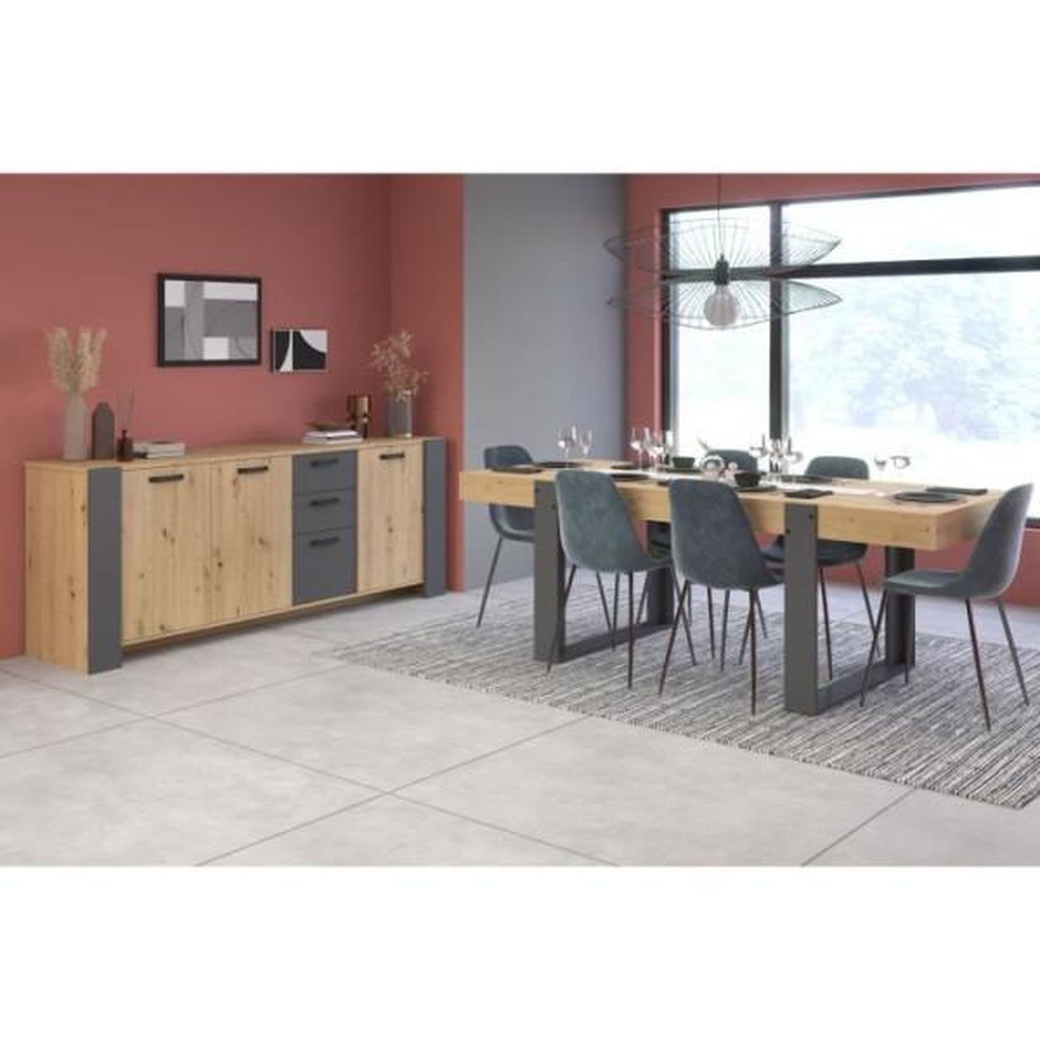 PARISOT Ensemble enfilade + table LOFT - PARISOT - Chene Artisan et gris - 3 portes - 8 personnes
