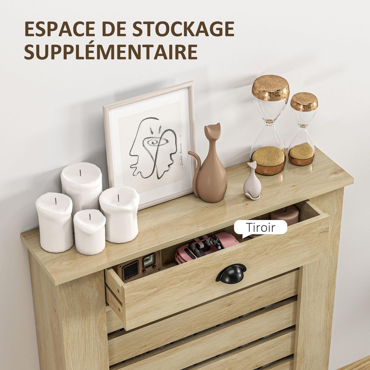 HOMCOM Couvercle de radiateur, cache radiateur, grille à lattes horizontales, avec tiroir, 78 x 19 x 95,5 cm, couleur aspect bois