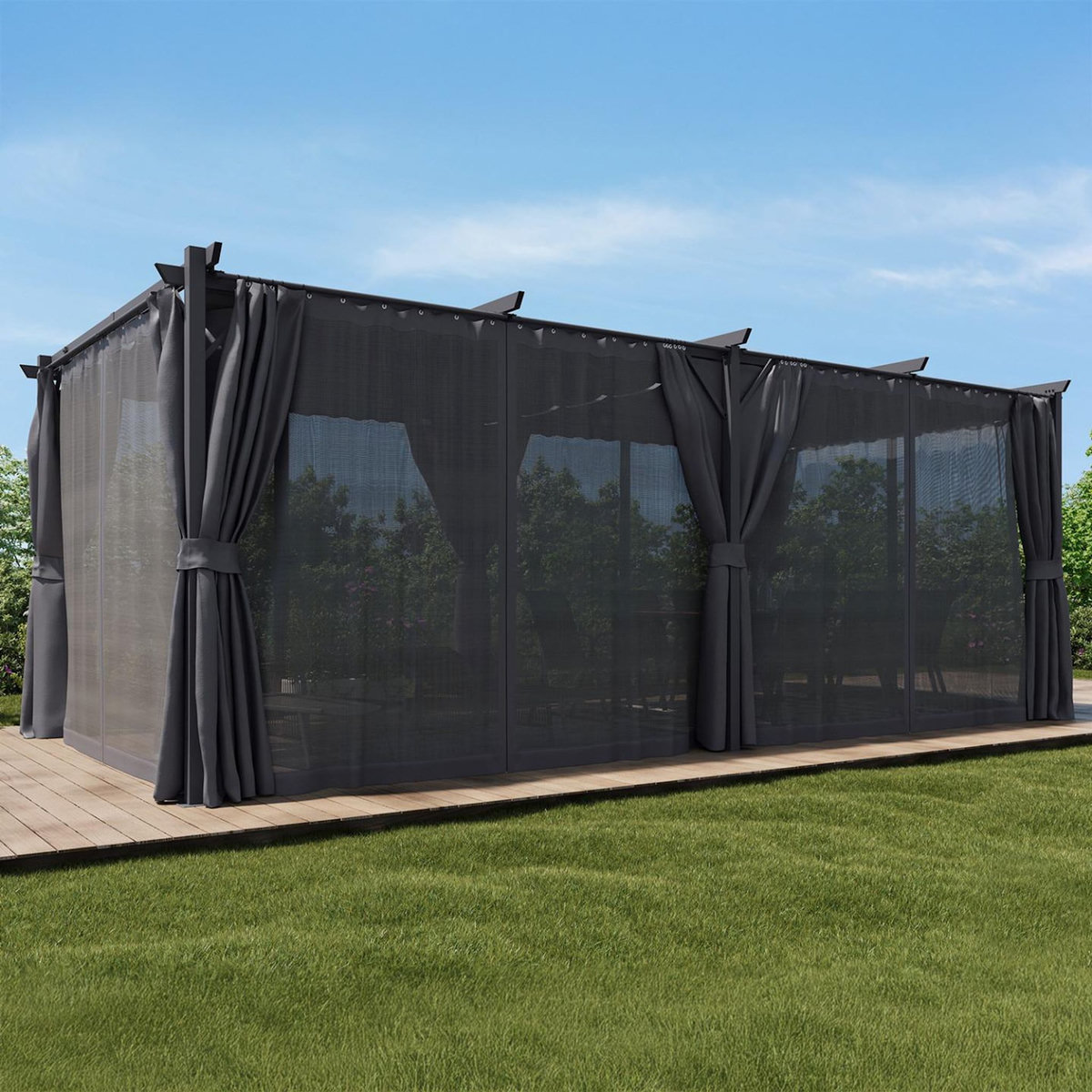 ID MARKET Pergola édition intégrale moustiquaire toit rétractable 3x6 M et 6 rideaux gris