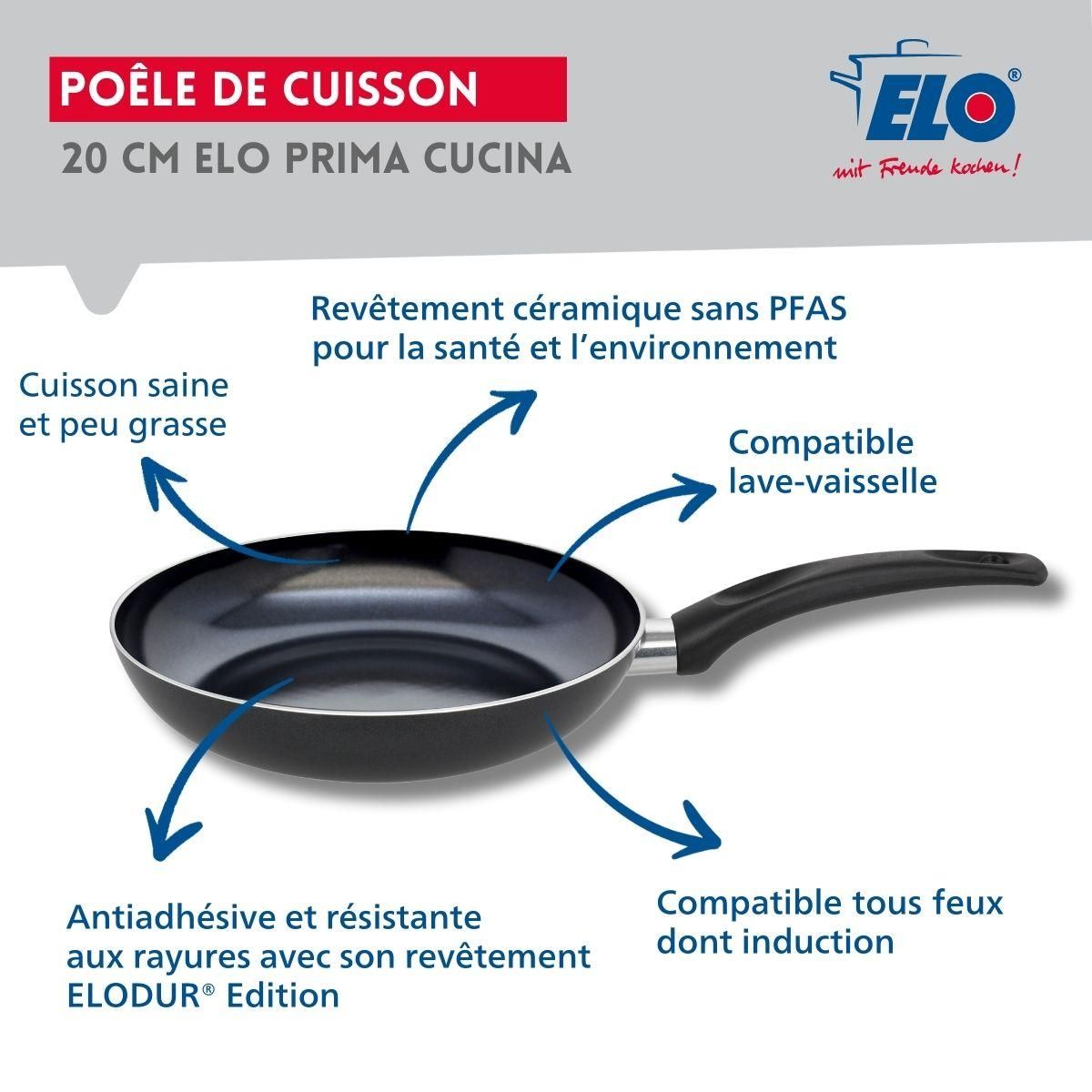 ELO Set Poêle 20 cm avec revêtement céramique sans PFAS et couvercle Elo Prima Cucina