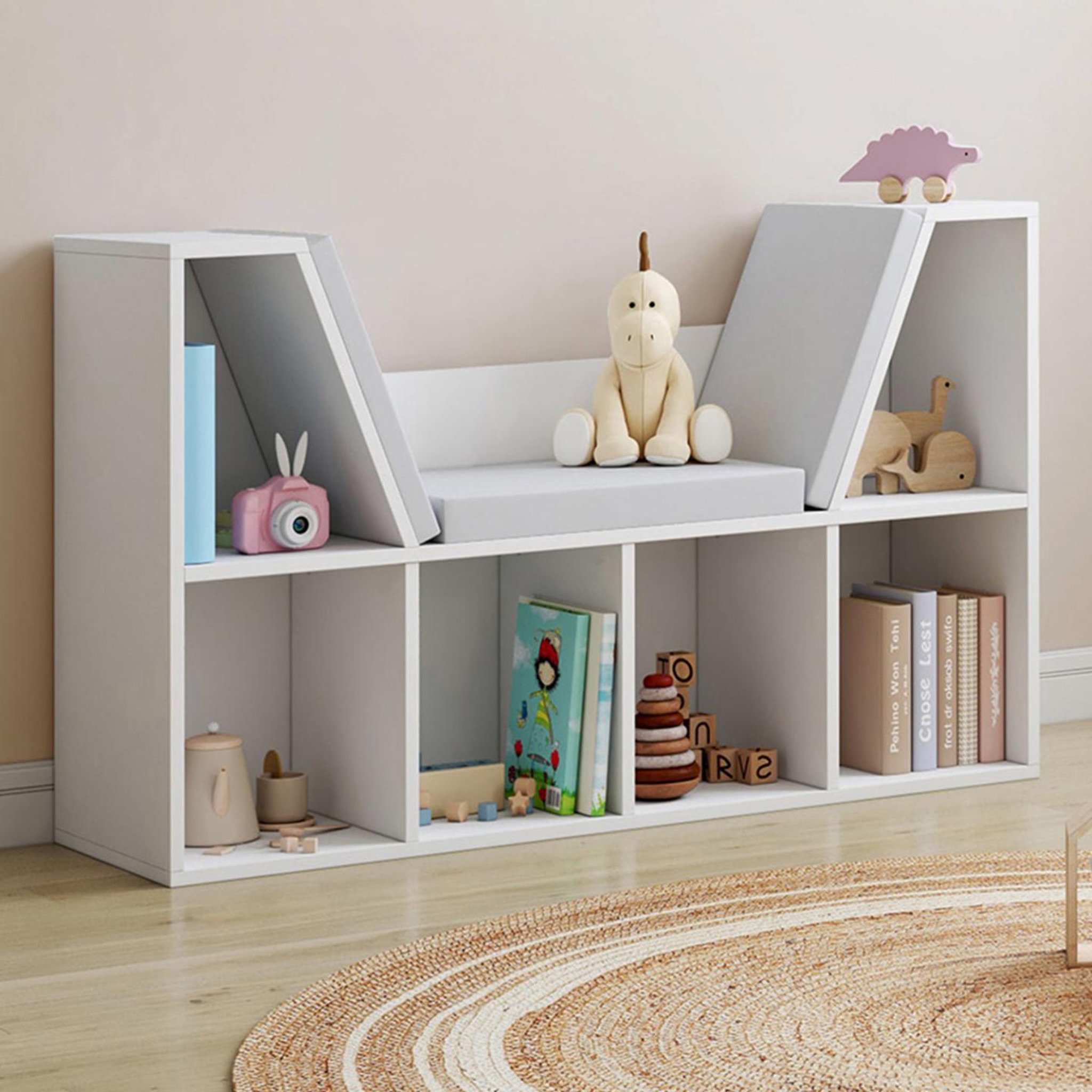 Voir la diapositive 2 : ID MARKET Bibliothèque banc oscar 6 cases avec coussins gris 102 cm blanc