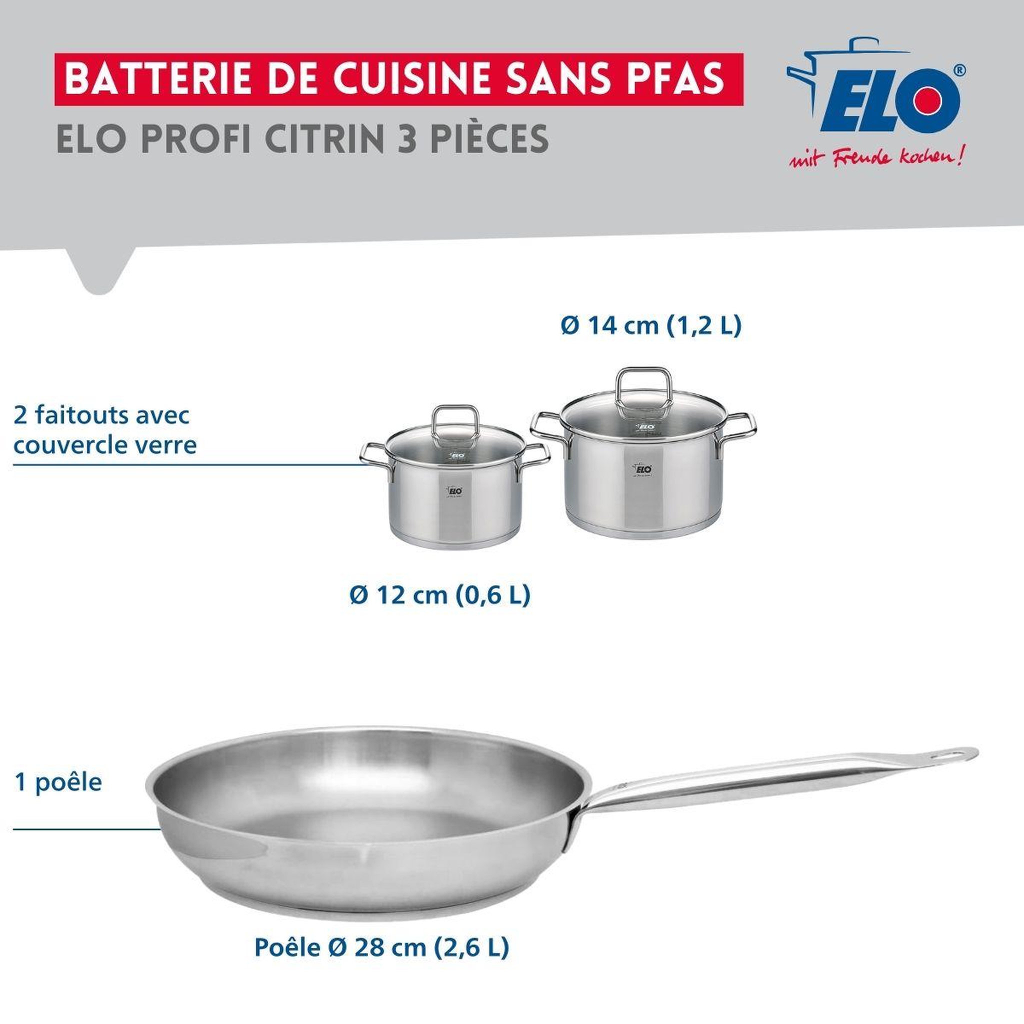 Voir la diapositive 2 : ELO Ensemble de 1 poêle de cuisson 28 cm et 2 faitouts 12 et 14 cm elo profi citrin