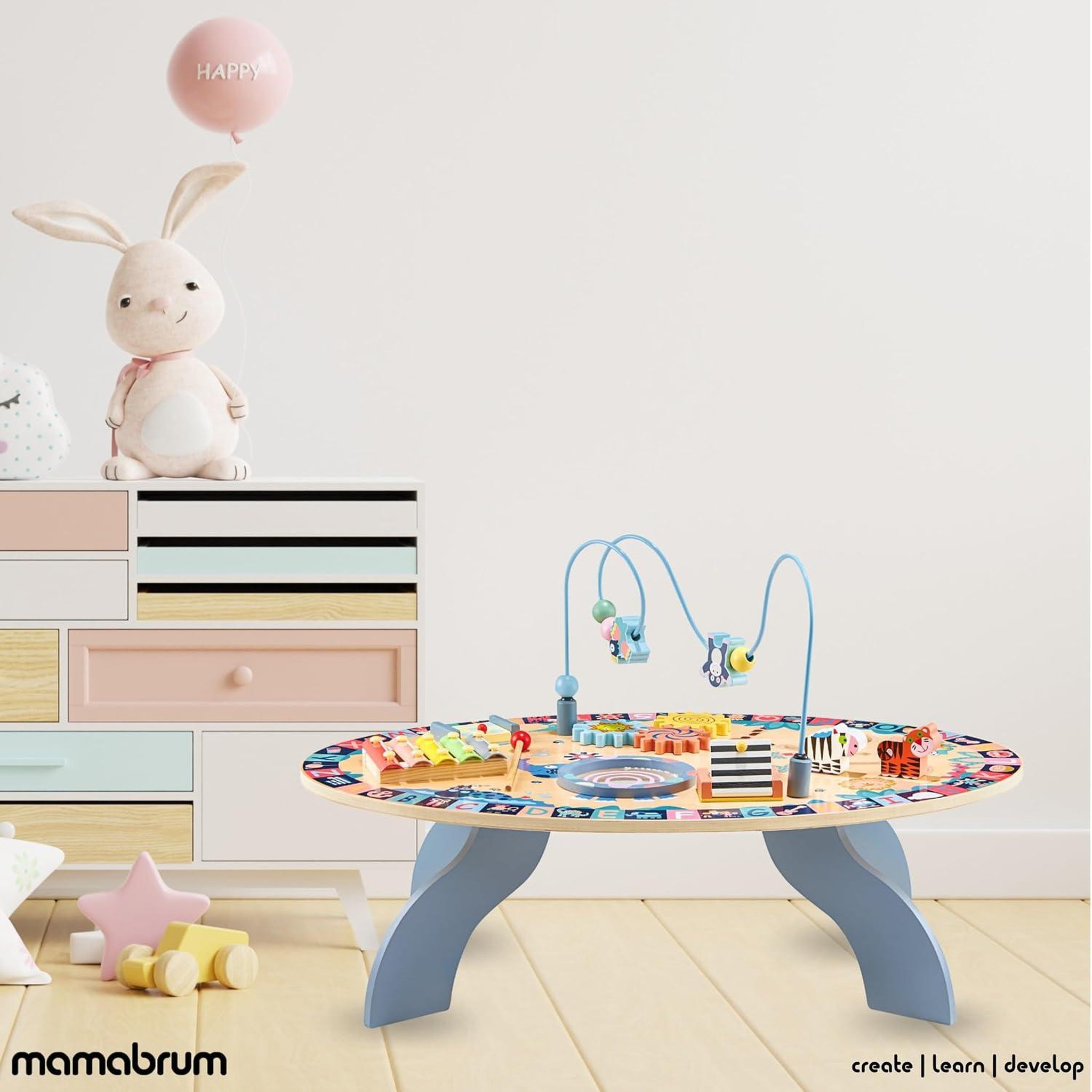 Voir la diapositive 2 : MAMABRUM Table D'activités Enfant +6 mois en Bois, Eveil Music: cymbales, tambour, labyrinthe