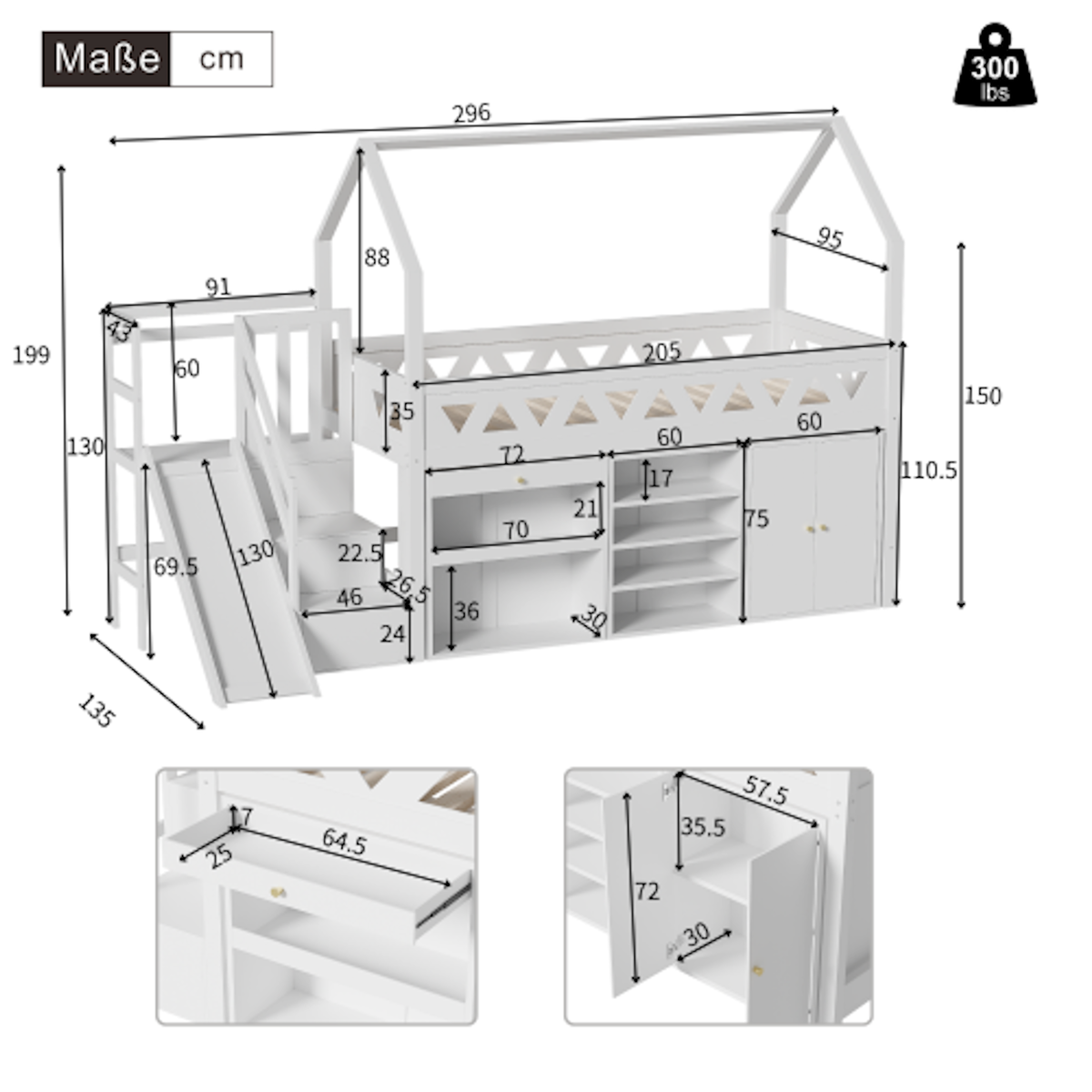 MERAX Lit enfant mi hauteur 90x200 cm coloris blanc bois massif