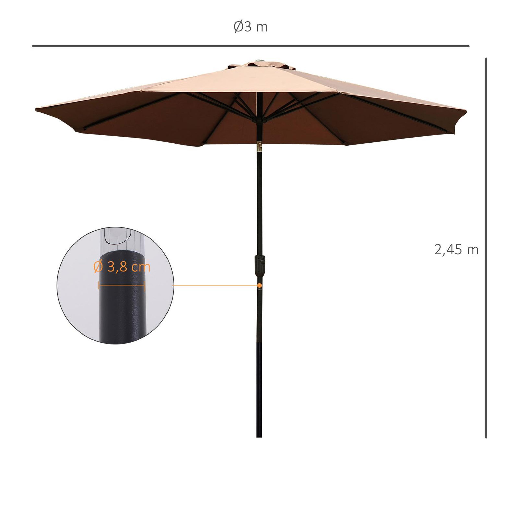 Voir la diapositive 3 : OUTSUNNY Parasol en aluminium rond polyester 180g/m² manivelle inclinable Ø 3 x 2,45 m chocolat