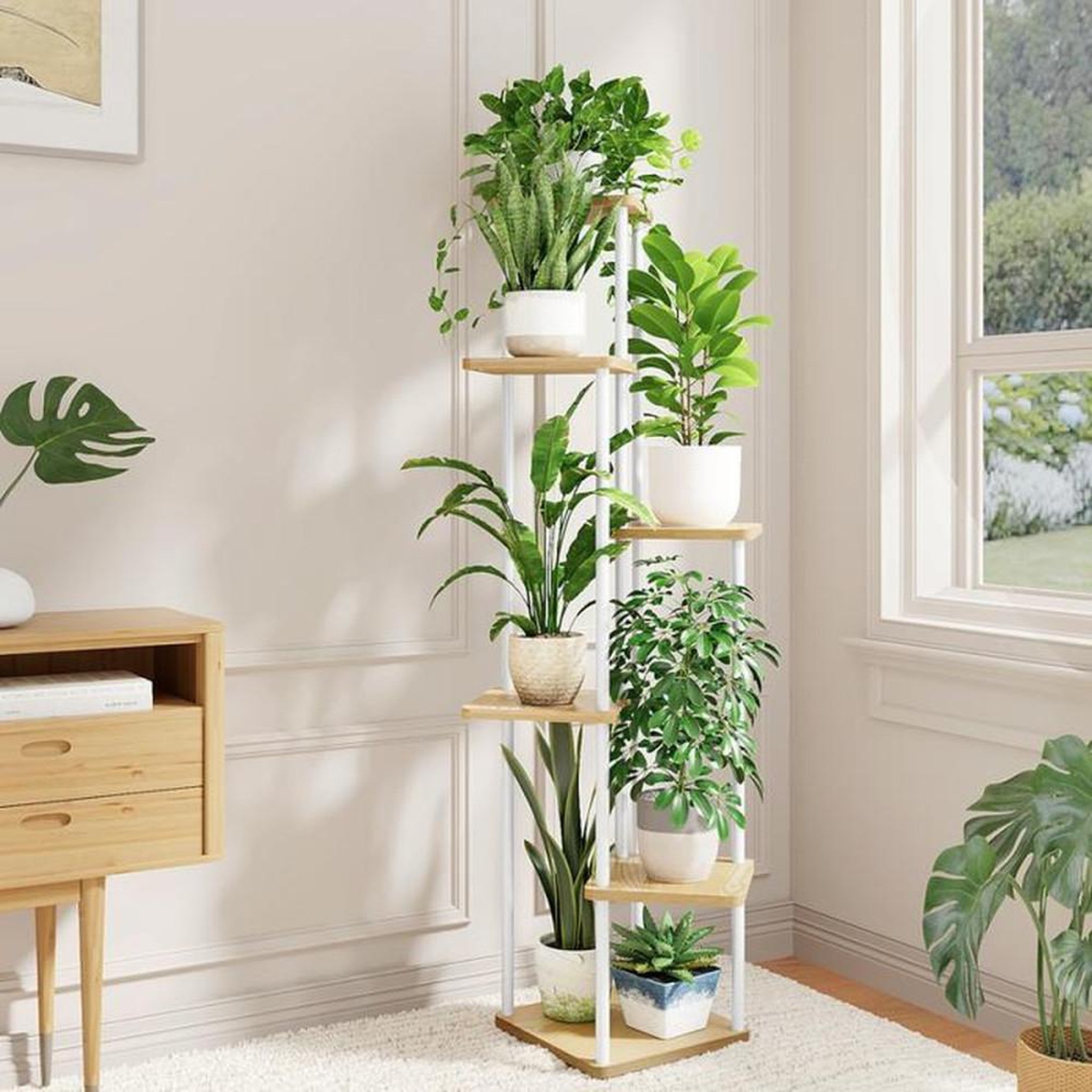 Voir la diapositive 3 : Présentoir à plantes 6 niveaux cadre métal blanc et étagères en bois 59,9 x 30 x 130 cm