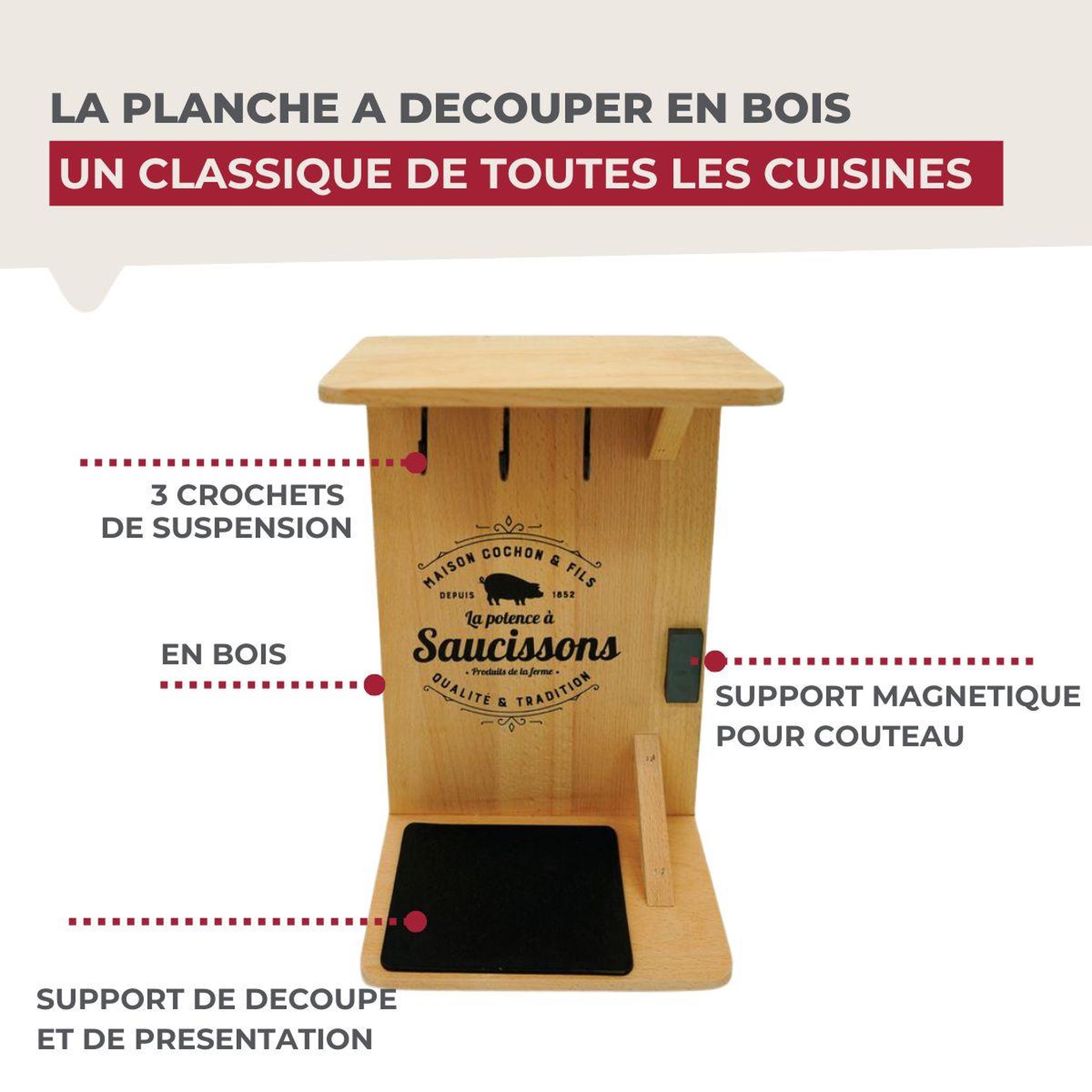 Voir la diapositive 4 : Fackelmann Support en bois pour saucisson sec avec crochets Fackelmann