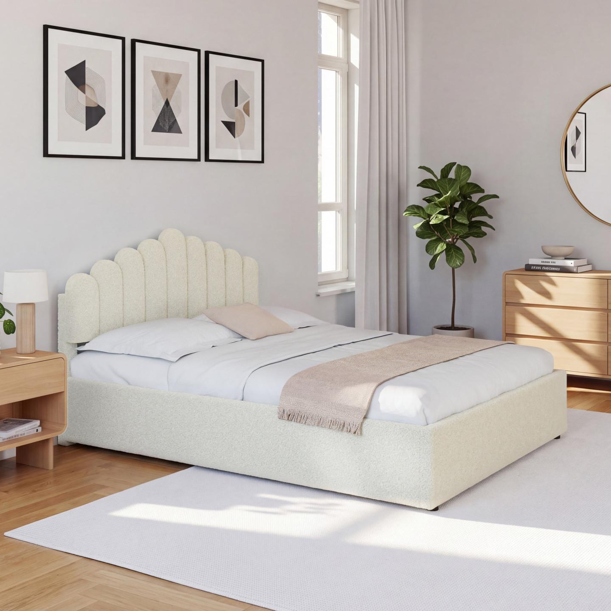 Voir la diapositive 3 : ID MARKET Lit coffre double noelie avec tête de lit et sommier 140 x 190 cm tissu bouclette blanc