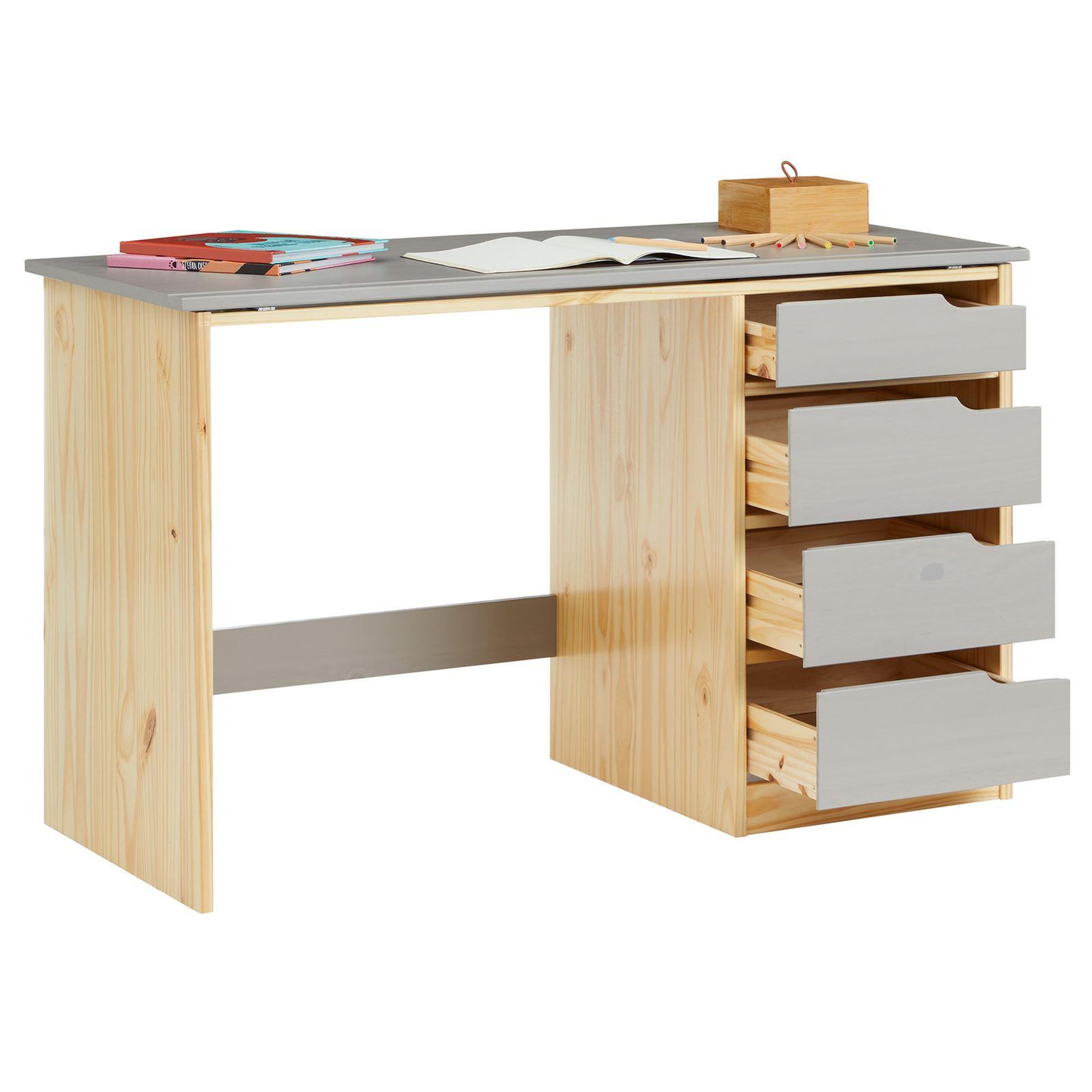 Voir la diapositive 4 : IDIMEX Bureau enfant EMMA, en pin massif, 4 tiroirs et plateau inclinable