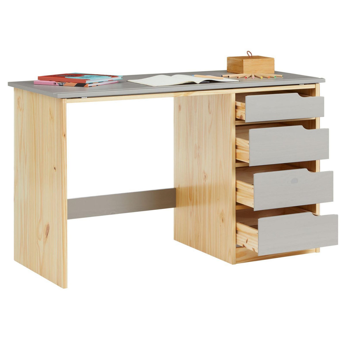 IDIMEX Bureau enfant EMMA, en pin massif, 4 tiroirs et plateau inclinable