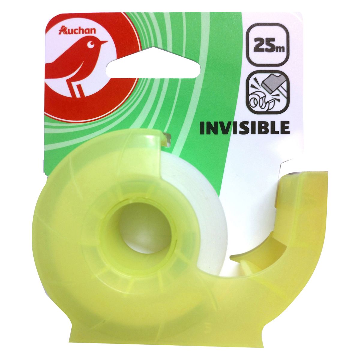 AUCHAN Scotch rouleau ruban adhésif 25m invisible avec dévidoir jaune