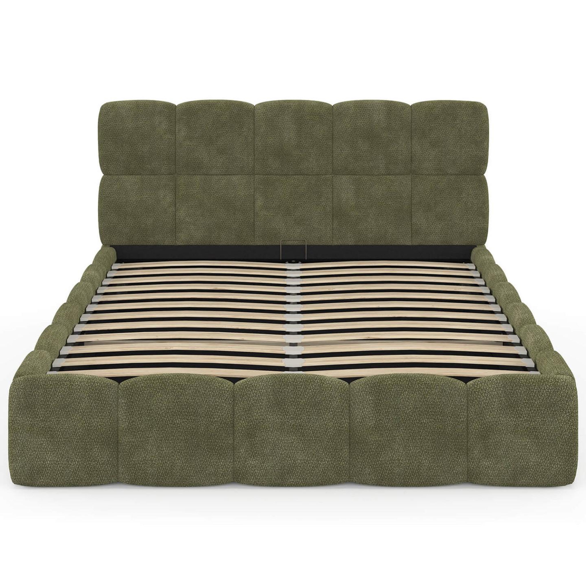 Voir la diapositive 3 : ID MARKET Lit coffre double nuage avec tête de lit matelassée et sommier 140 x 190 cm tissu chenille vert kaki