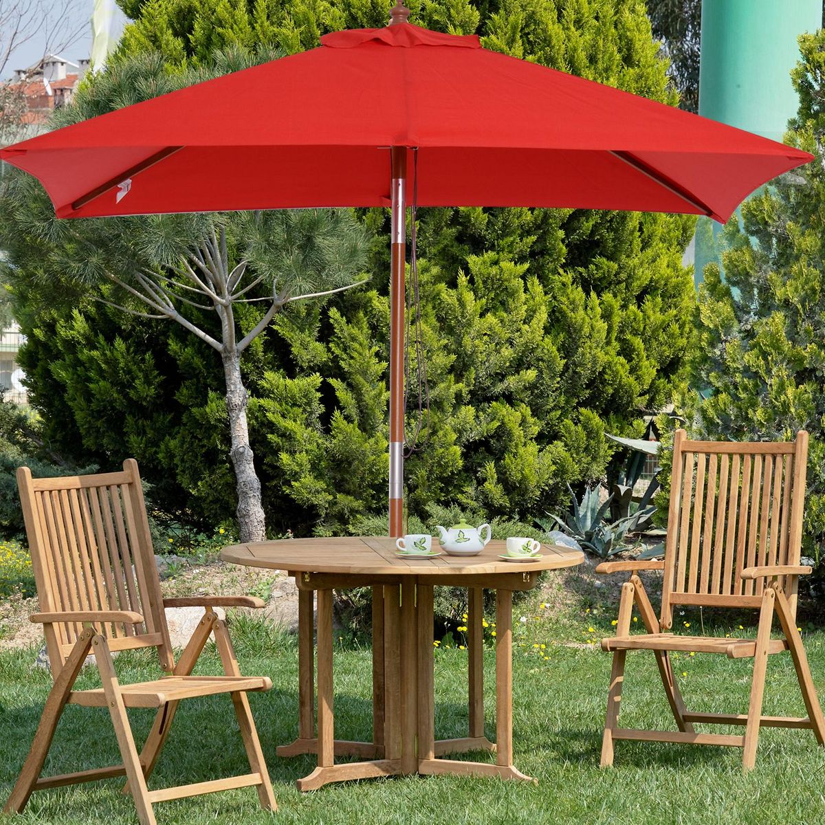 OUTSUNNY Parasol rectangulaire inclinable bois polyester haute densité 2L x 1,5l x 2,3H m rouge