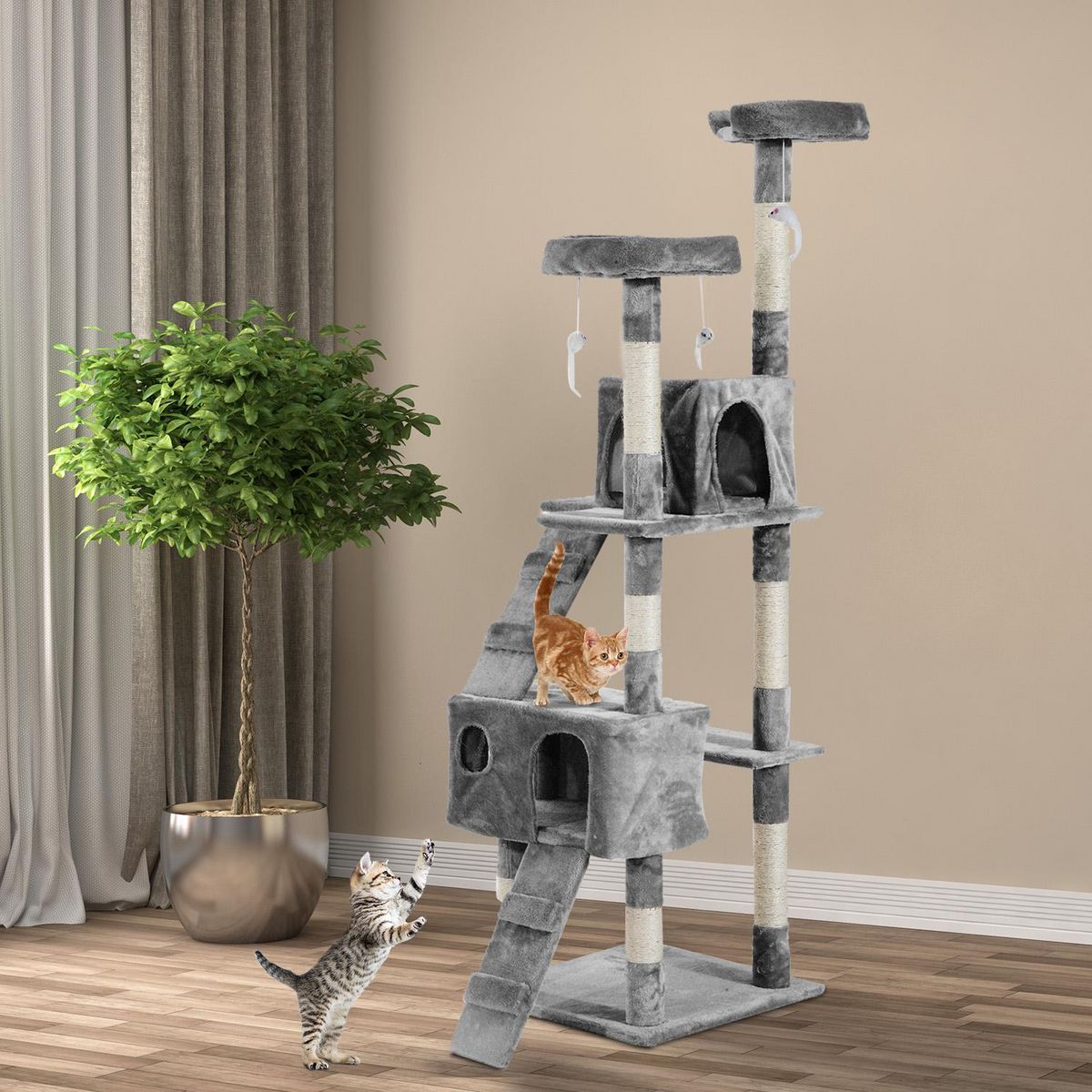 PAWHUT Arbre à chat griffoir grattoir double niche peluche sisal naturel hauteur 170 cm gris