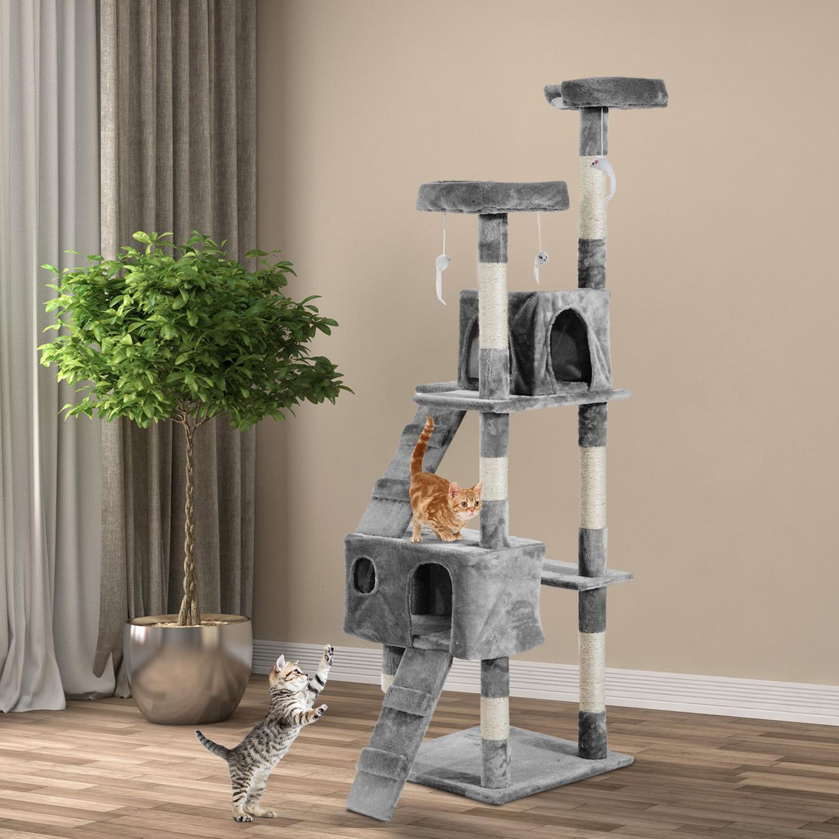 PAWHUT Arbre à chat griffoir grattoir double niche peluche sisal naturel hauteur 170 cm gris
