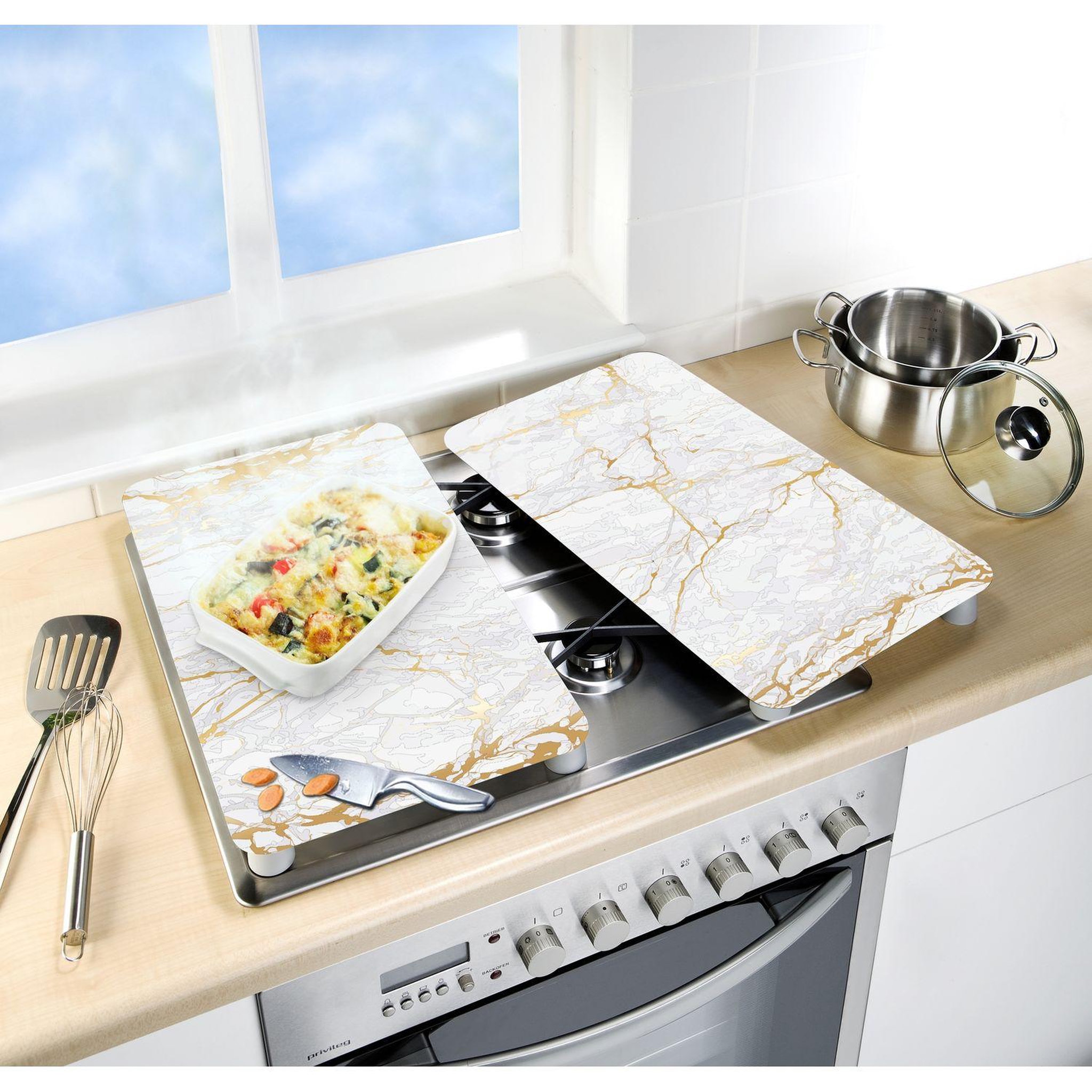 Voir la diapositive 2 : Wenko 2 Couvre-plaques universel design Marbre - 30 x 52 cm - Blanc