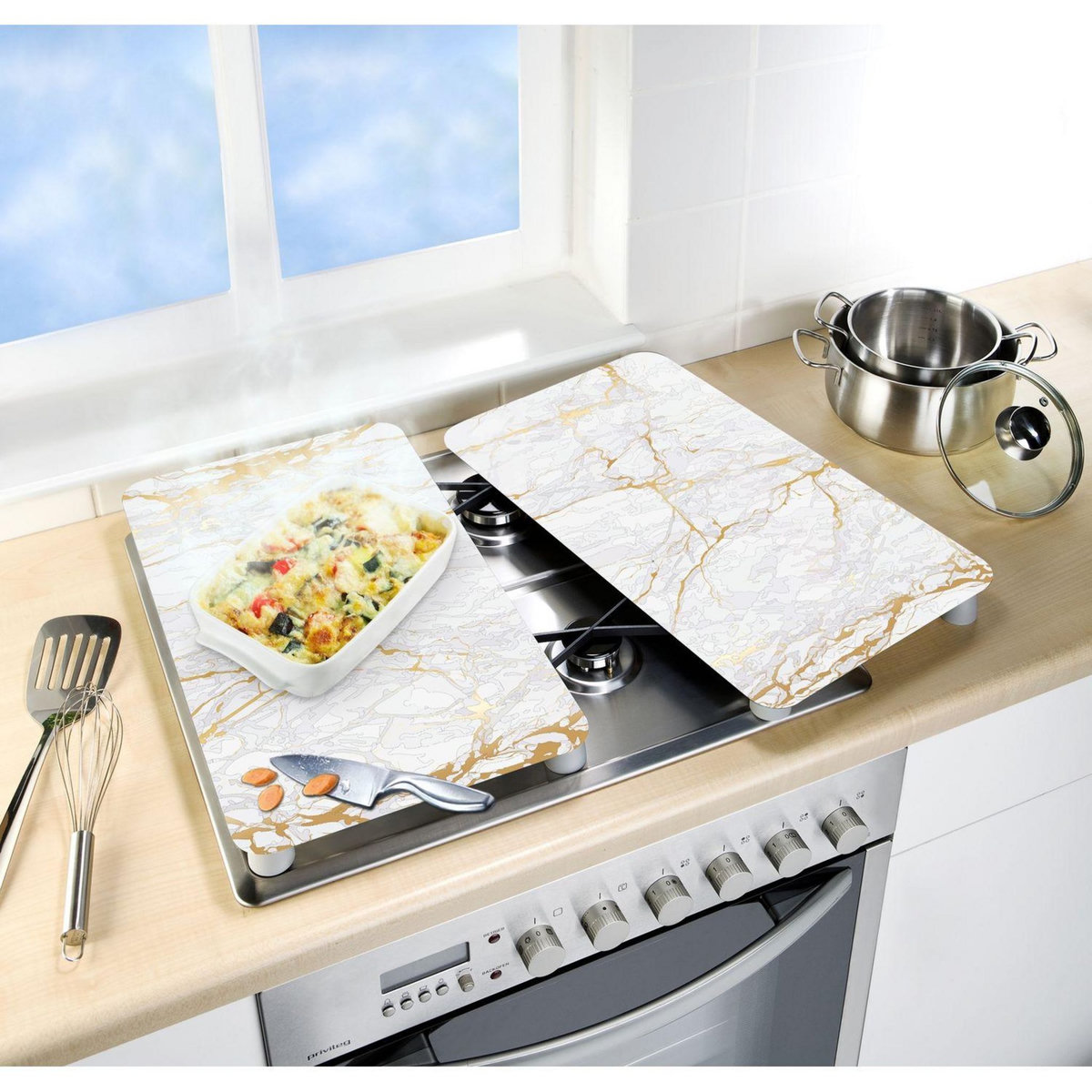 Wenko 2 Couvre-plaques universel design Marbre - 30 x 52 cm - Blanc