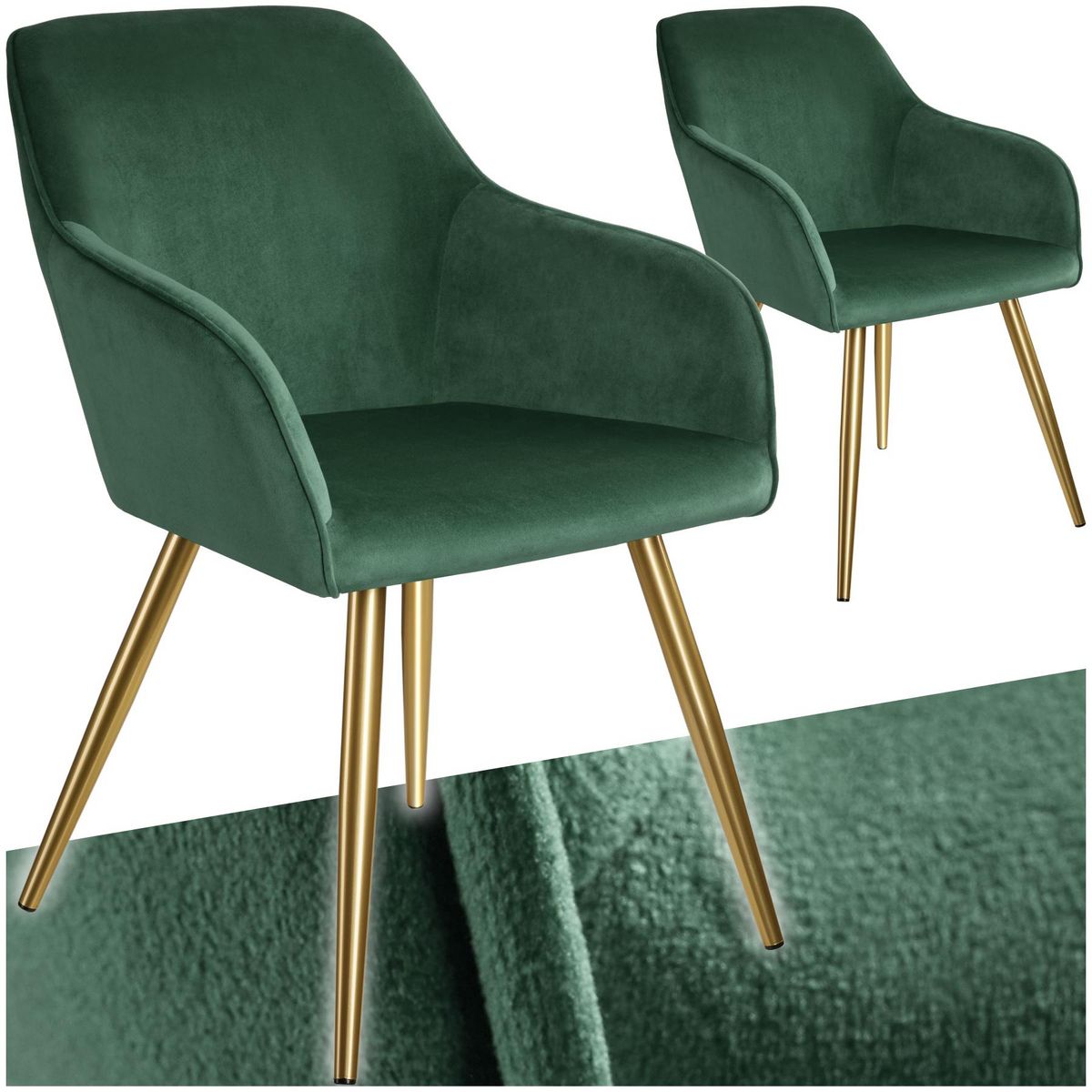 tectake Chaise rembourrée aspect velours vert foncé/or Lot de 2