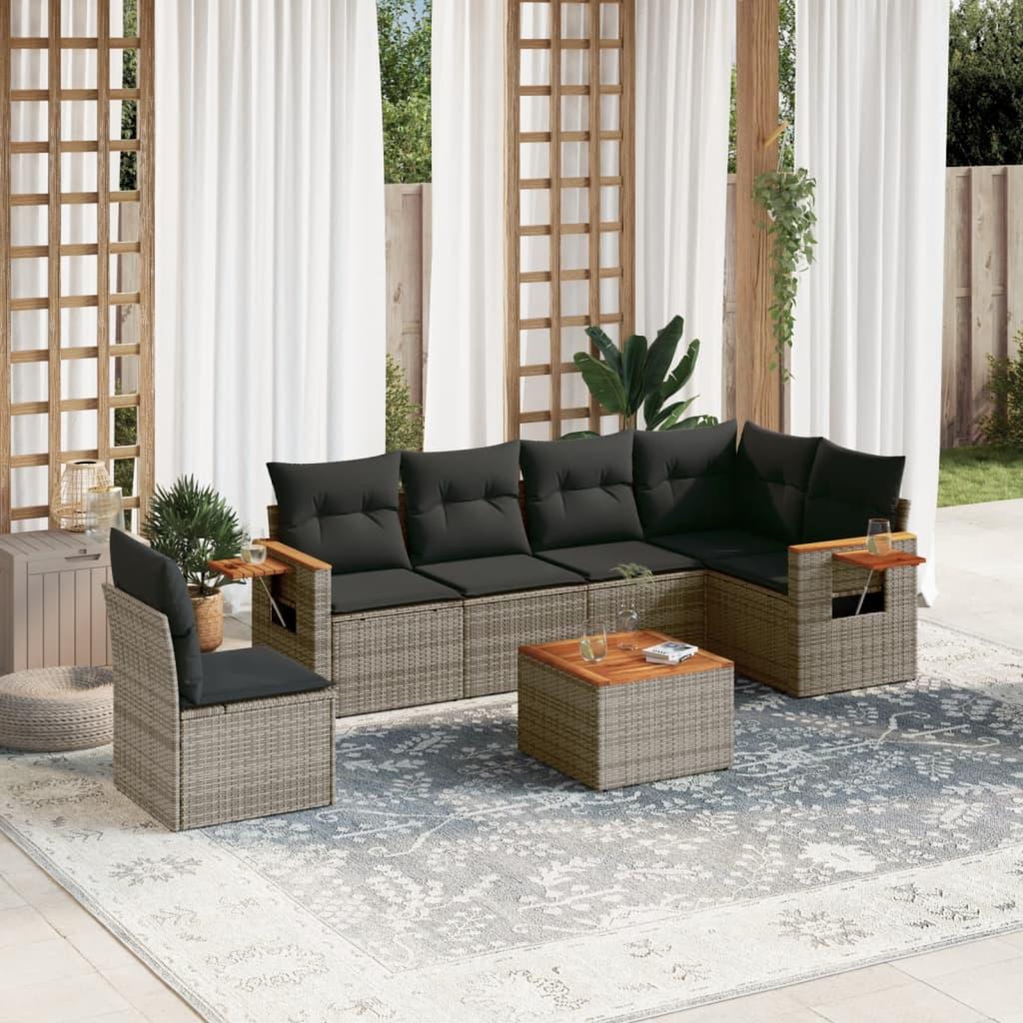 VIDAXL Salon de jardin avec coussins 7 pcs gris resine tressee
