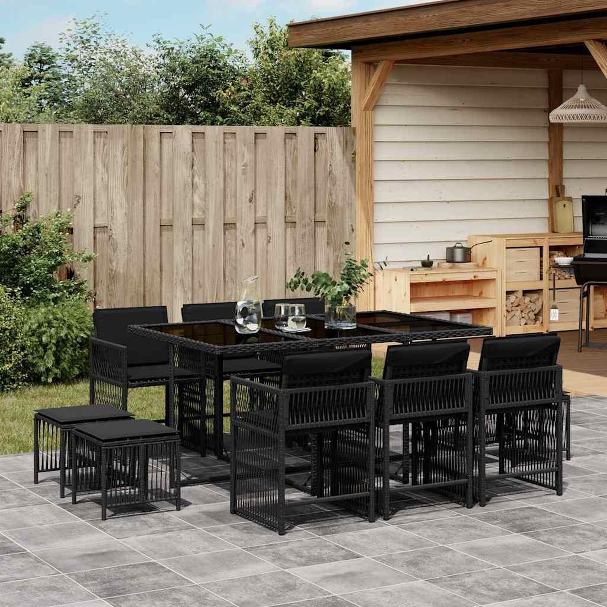 VIDAXL Ensemble a manger de jardin 11 pcs coussins noir resine tressee