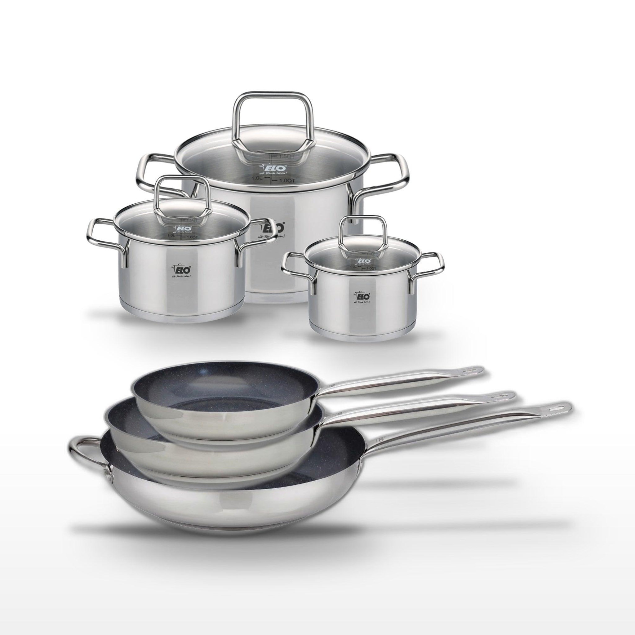 ELO Lot de 3 poêles céramiques 24/28/32cm elo profi therm platinum et 3 faitouts elo citrin