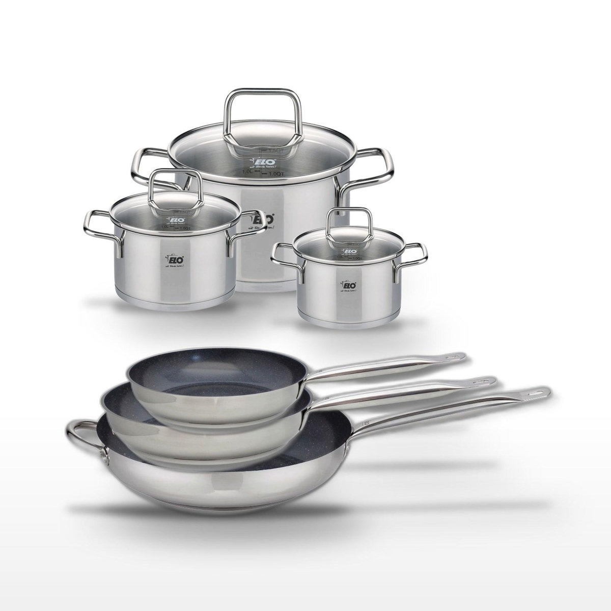 ELO Lot de 3 Poêles céramiques 24/28/32cm Elo Profi Therm Platinum et 3 Faitouts Elo Citrin