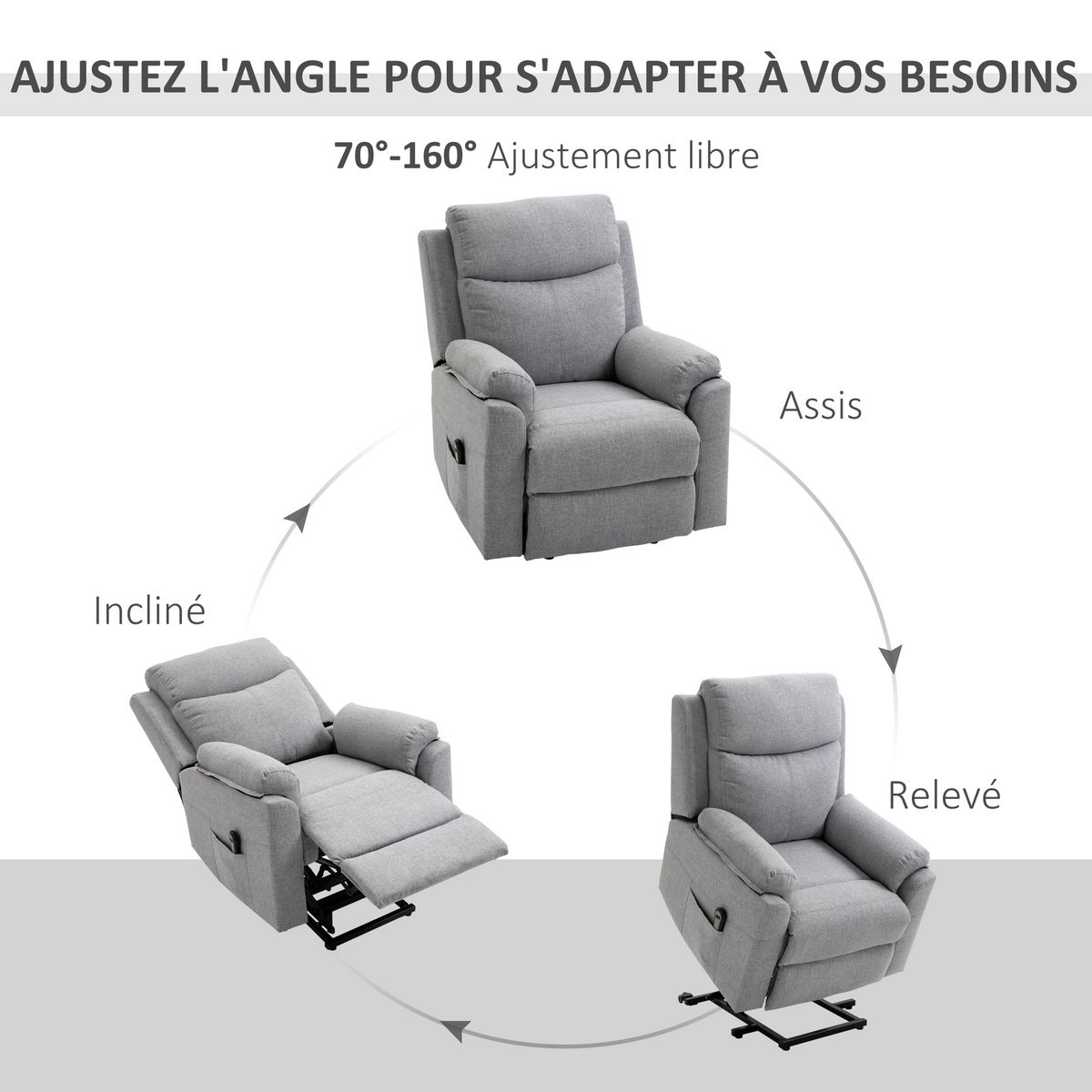 HOMCOM Fauteuil de relaxation électrique - fauteuil releveur inclinable avec repose-pied ajustable et télécommande - tissu polyester aspect lin gris clair chiné