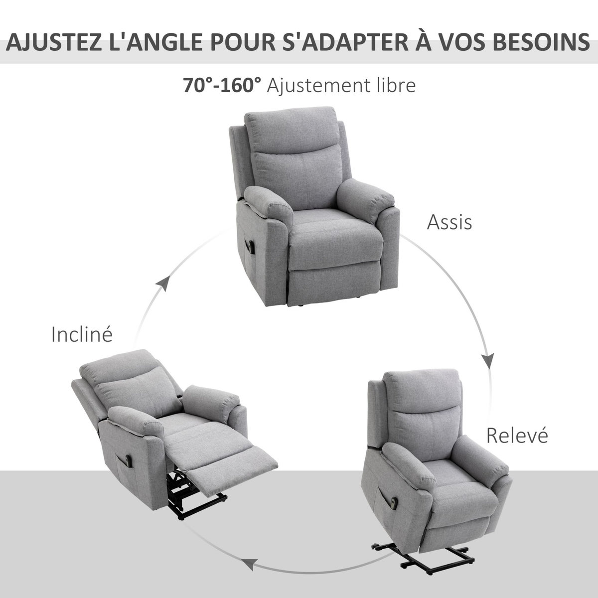 HOMCOM Fauteuil de relaxation électrique - fauteuil releveur inclinable avec repose-pied ajustable et télécommande - tissu polyester aspect lin gris clair chiné