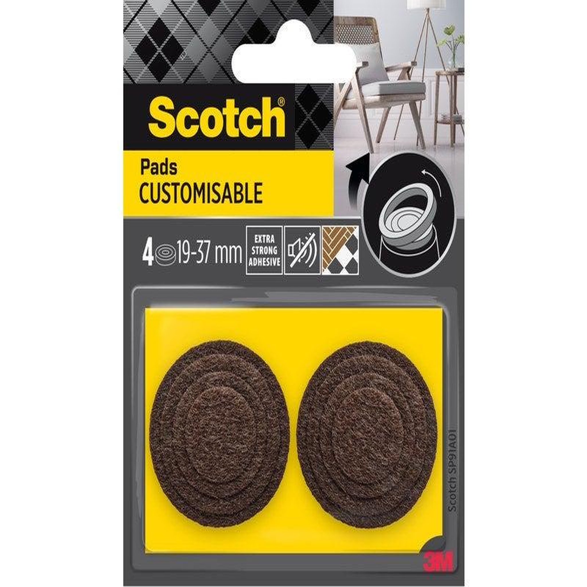 CENTRALE BRICO Lot de 4 patins feutre customisable prédécoupés, SCOTCH, 37 31 25 et 19 mm, marron