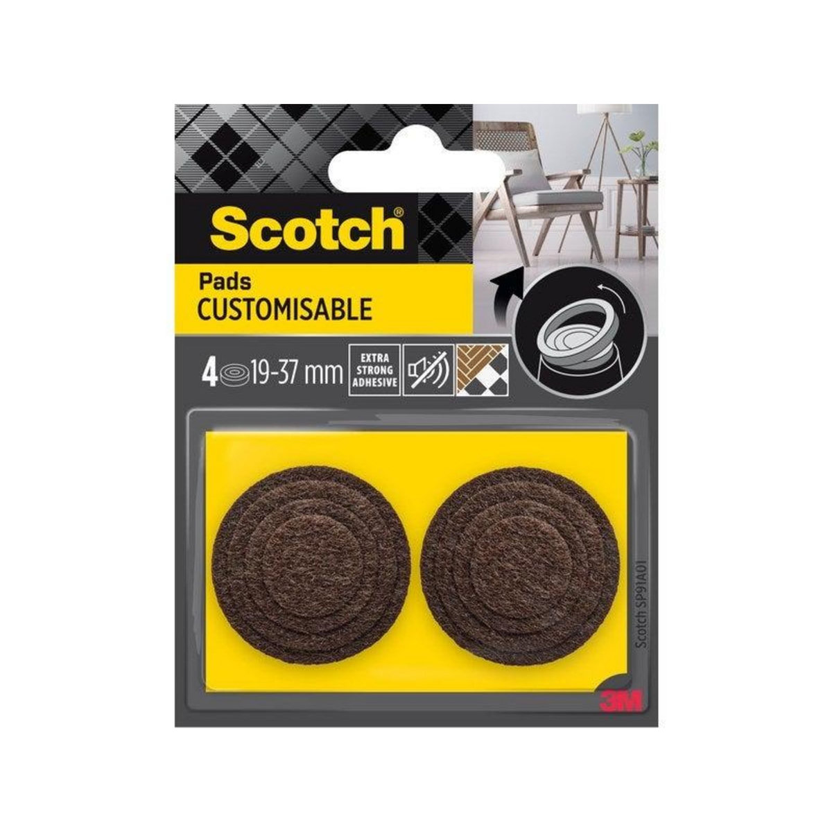 CENTRALE BRICO Lot de 4 patins feutre customisable prédécoupés, SCOTCH, 37 31 25 et 19 mm, marron