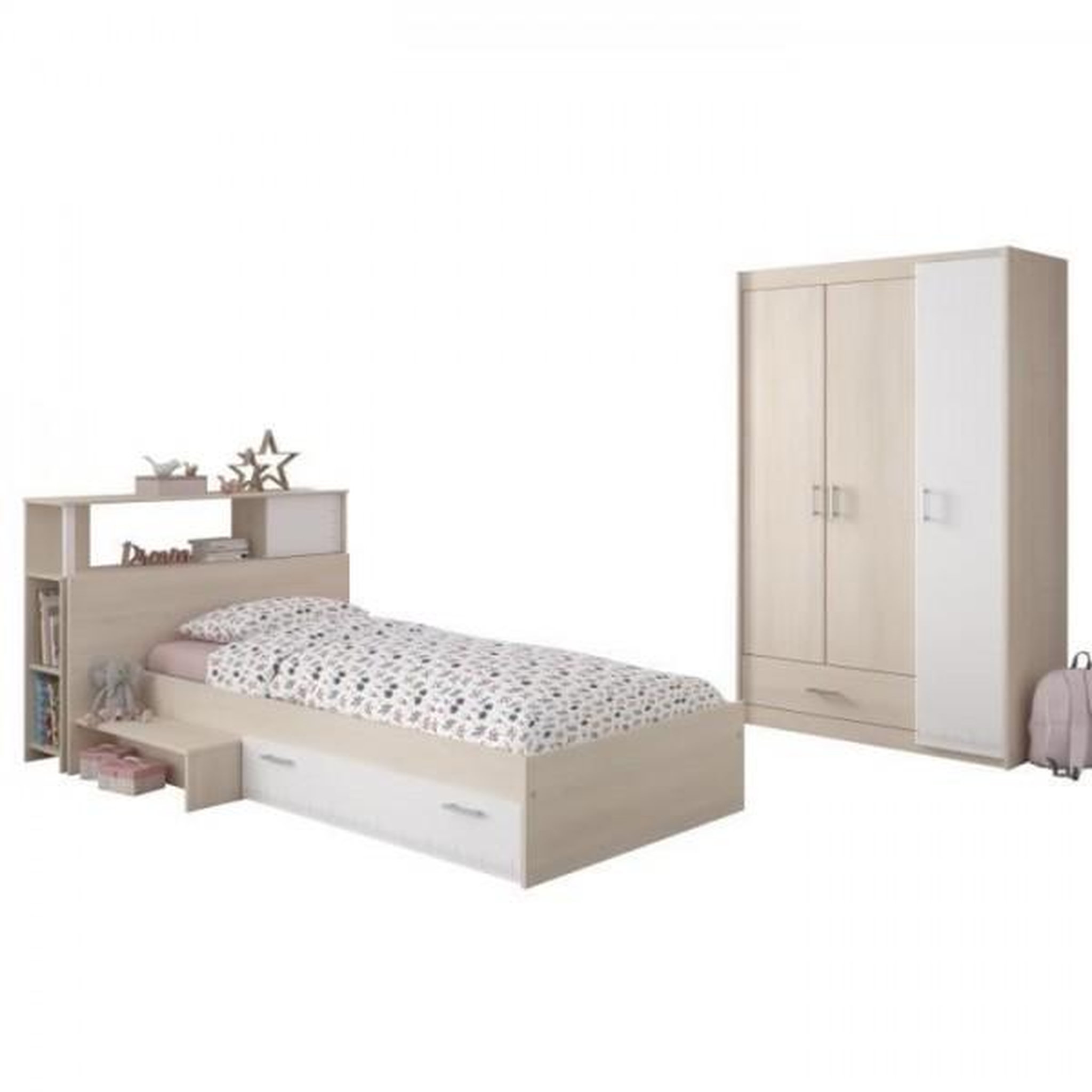Voir la diapositive 3 : PARISOT PARISOT Chambre enfant complete - Tete de lit + lit + armoire - Style contemporain - Décor acacia clair et blanc - CHARLEMAGNE