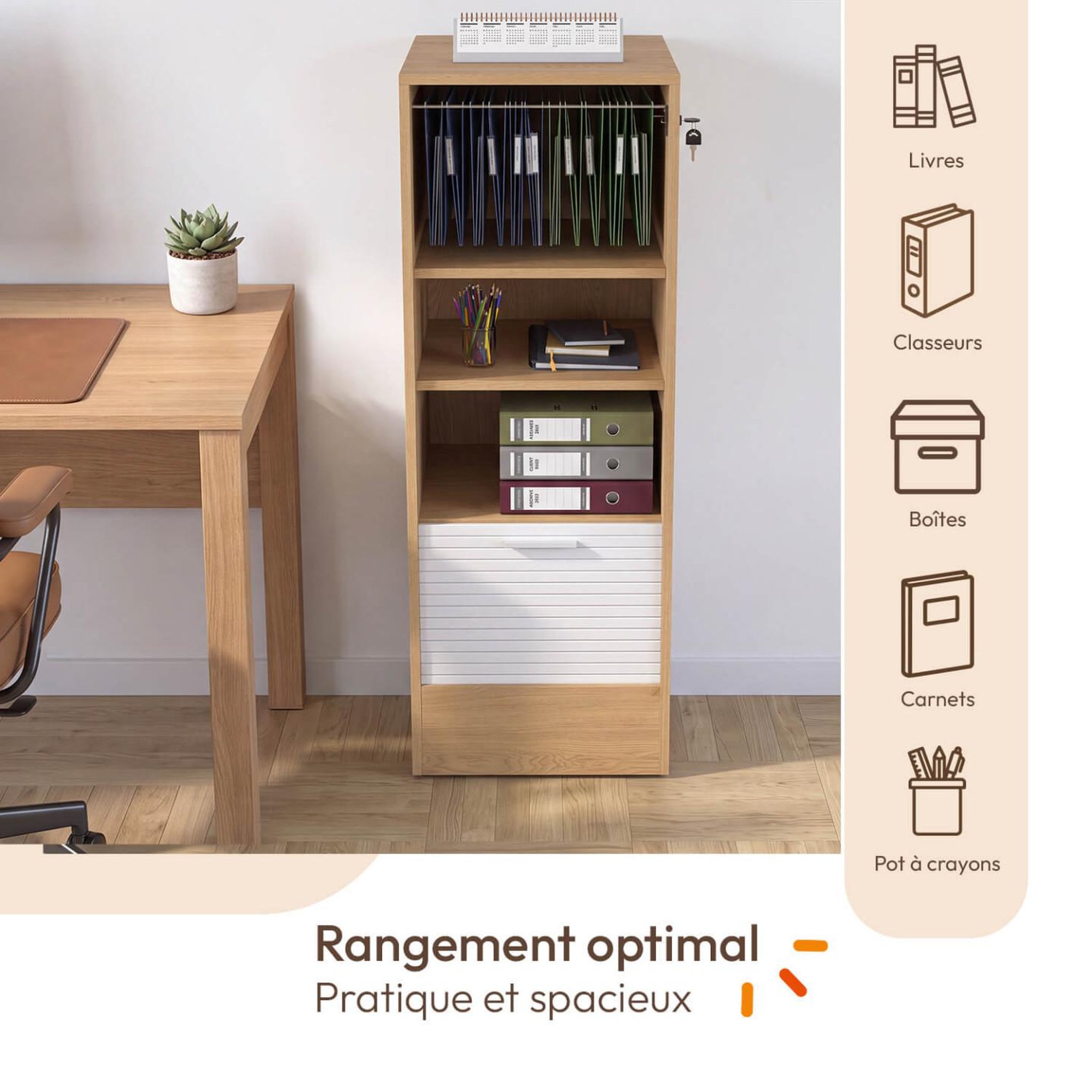 Voir la diapositive 5 : ID MARKET Meuble classeur à rideau verrouillable 4 tablettes H.110 cm blanc et bois