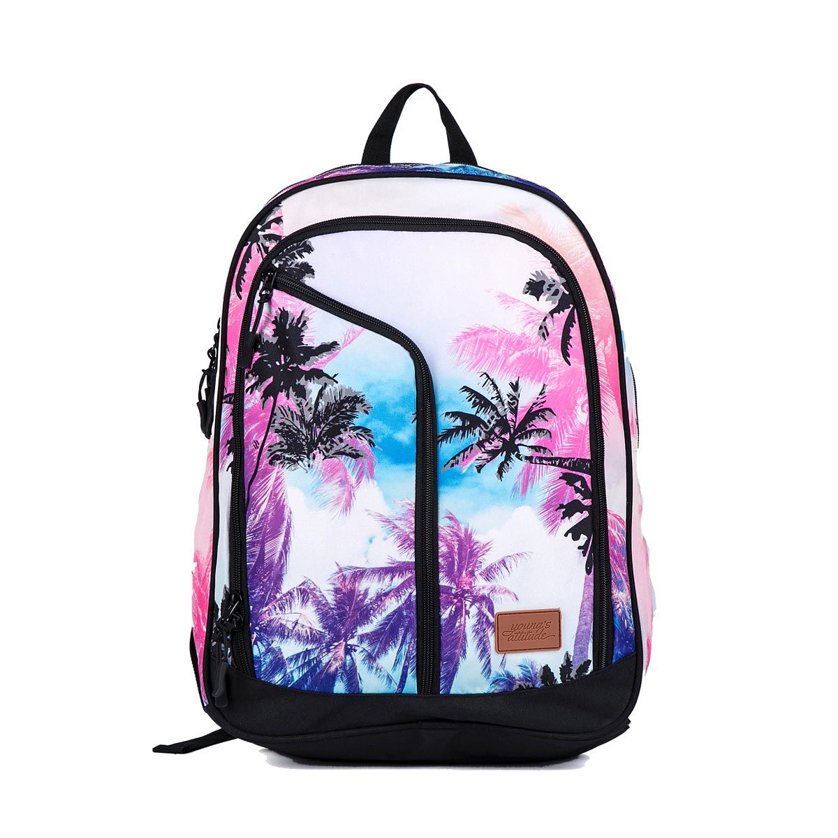  Sac à dos 2 compartiments + poches avant Blanc, rose et bleu imprimé palmiers