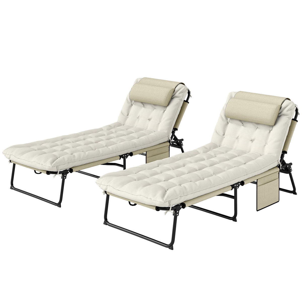 OUTSUNNY Lot de 2 transats bains de soleil pliables inclinables - tétière, matelas épais - métal tissu crème beige