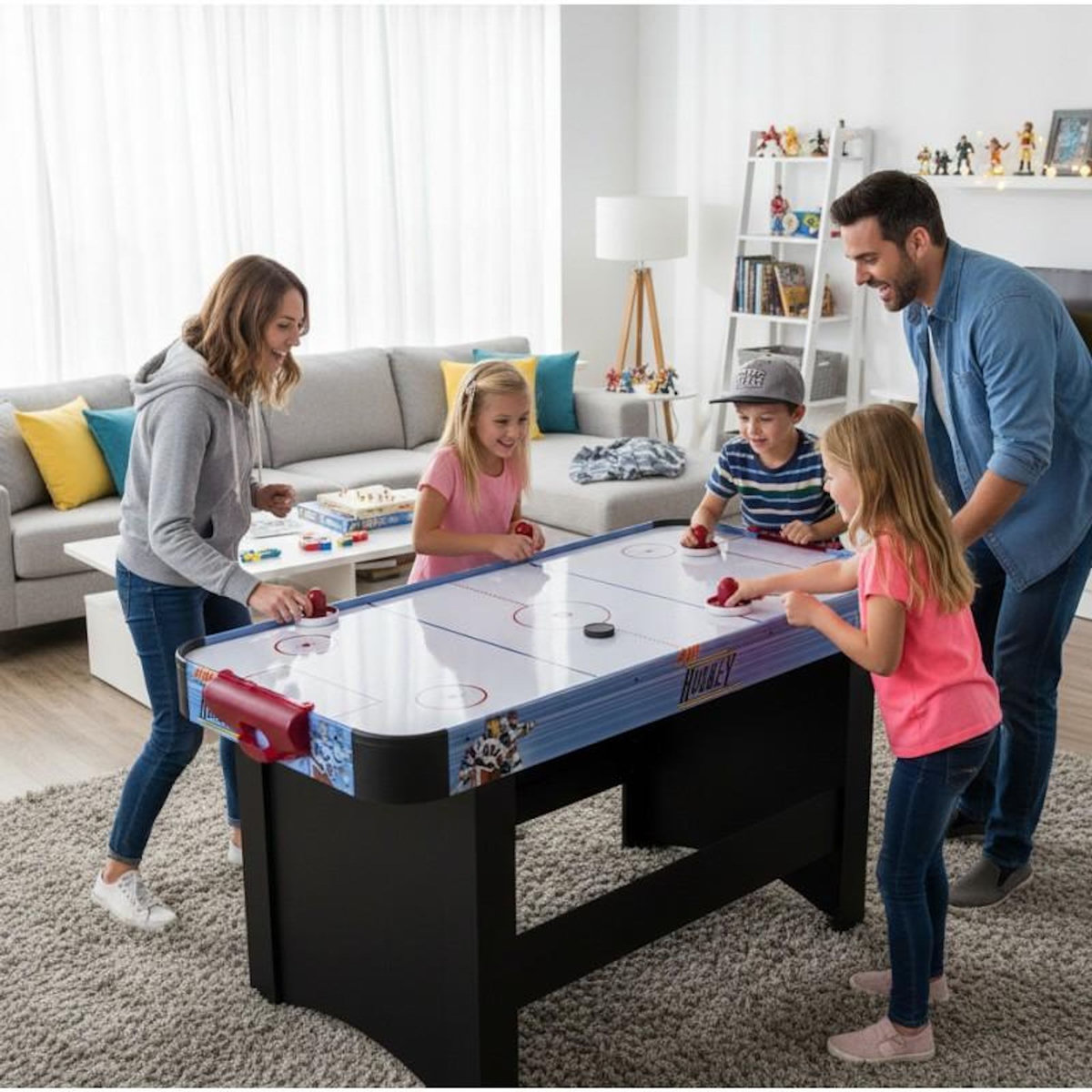 PLAY4FUN Air Hockey Teenager - Table de Air-Hockey avec système d'air pulsé 6-8W - 142 x 72 x 81 cm - Bleu/Noir
