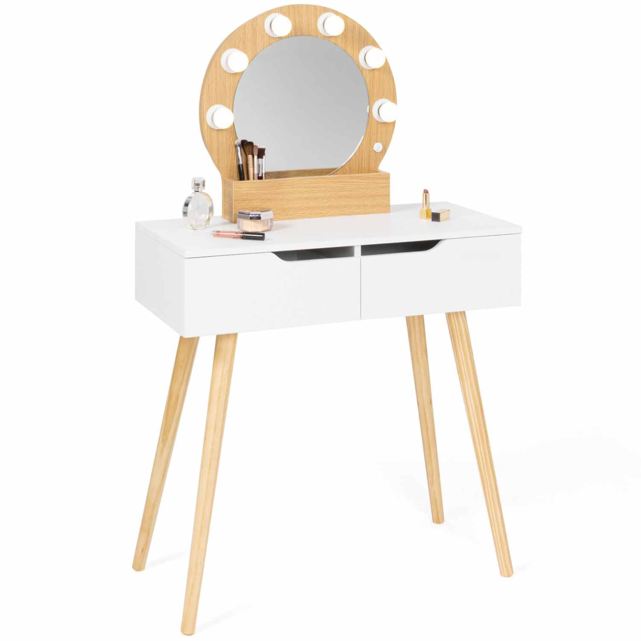 ID MARKET Coiffeuse scandinave 2 tiroirs horia bois et blanc avec miroir led