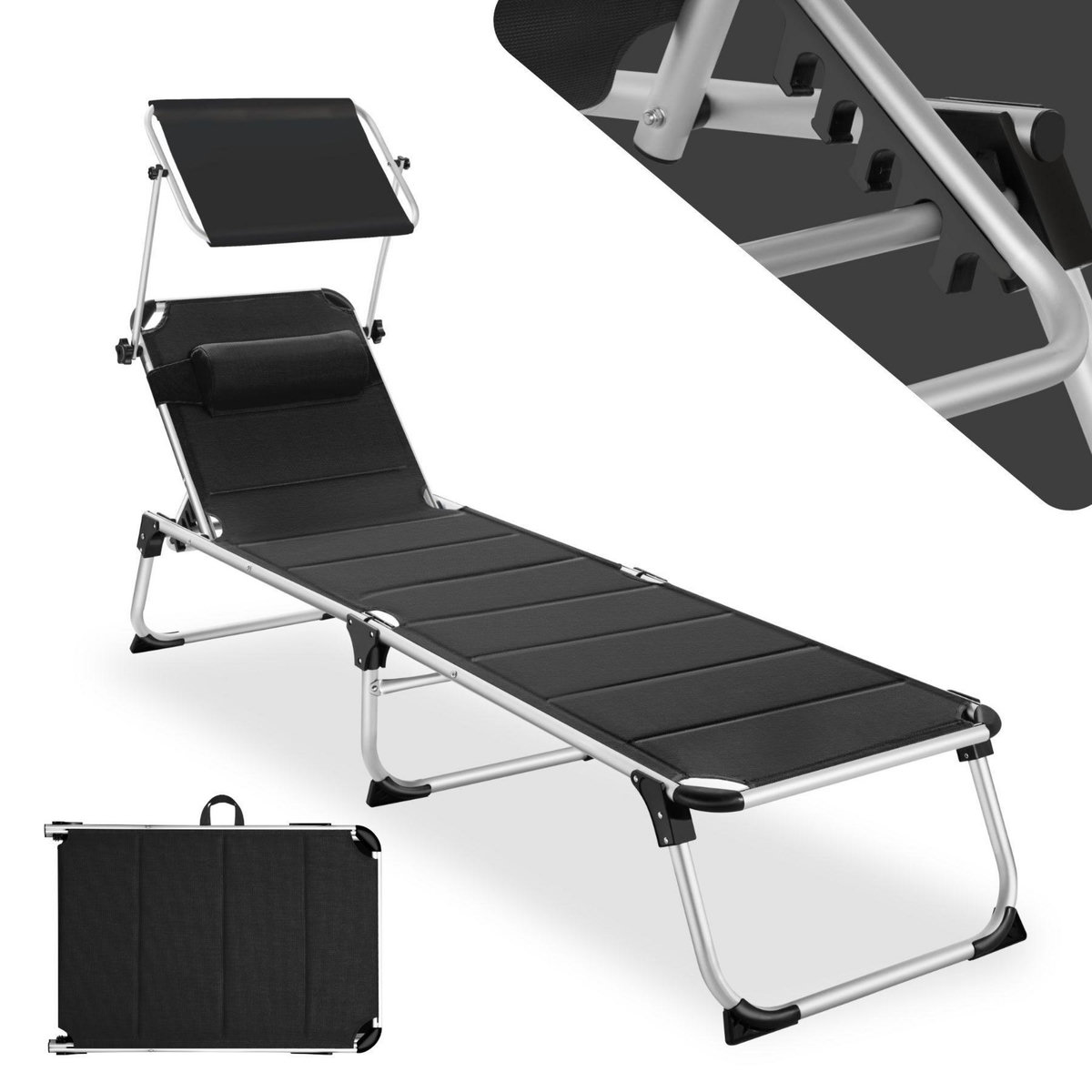 tectake Bain de soleil Transat Chaise longue Rembourrage épais, Pliable noir
