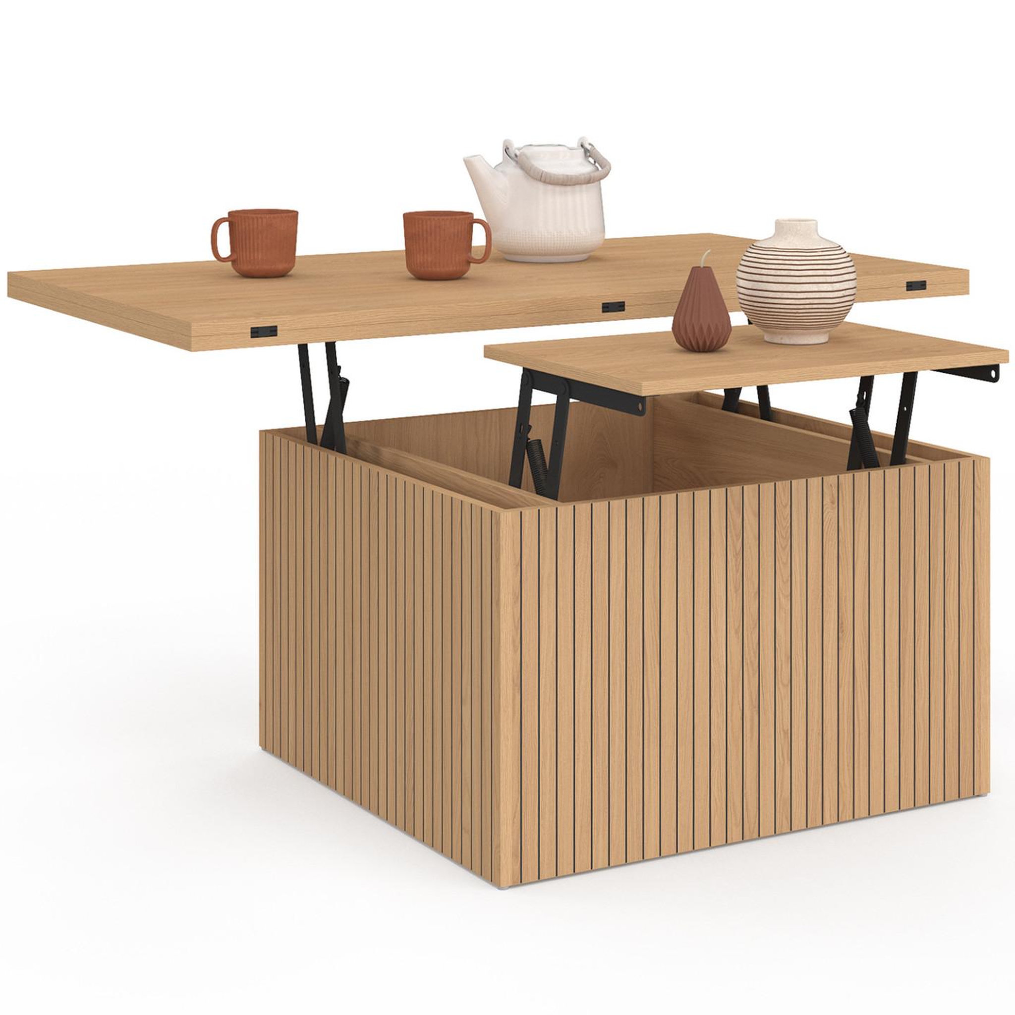 Voir la diapositive 4 : ID MARKET Table basse plateau relevable rectangulaire convertible en table à manger juliette 100 cm effet lattes tasseau bois