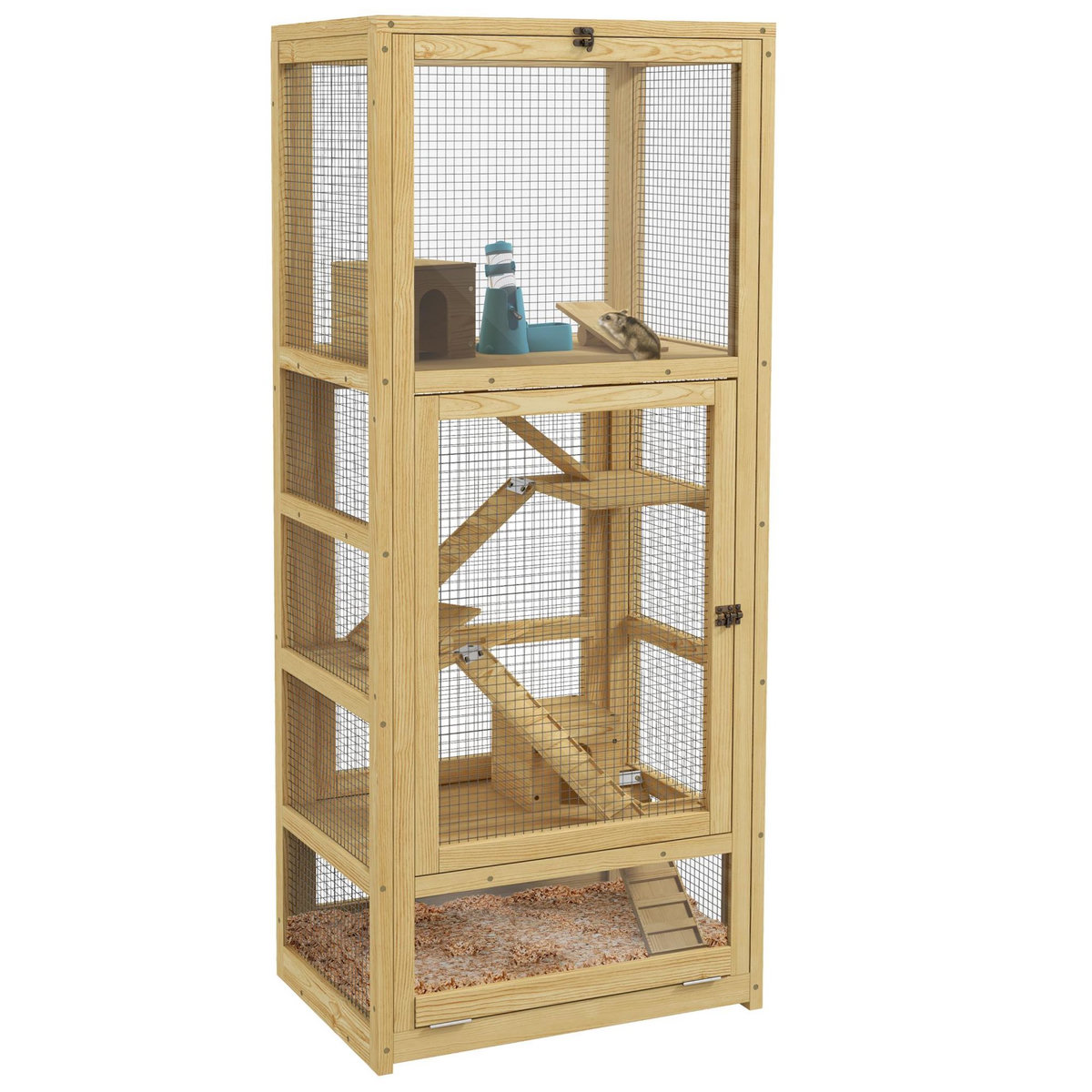 PAWHUT Cage pour rongeurs petits animaux en bois 5 niveaux - échelle, niche, balançoire, plateau amovible, abreuvoir