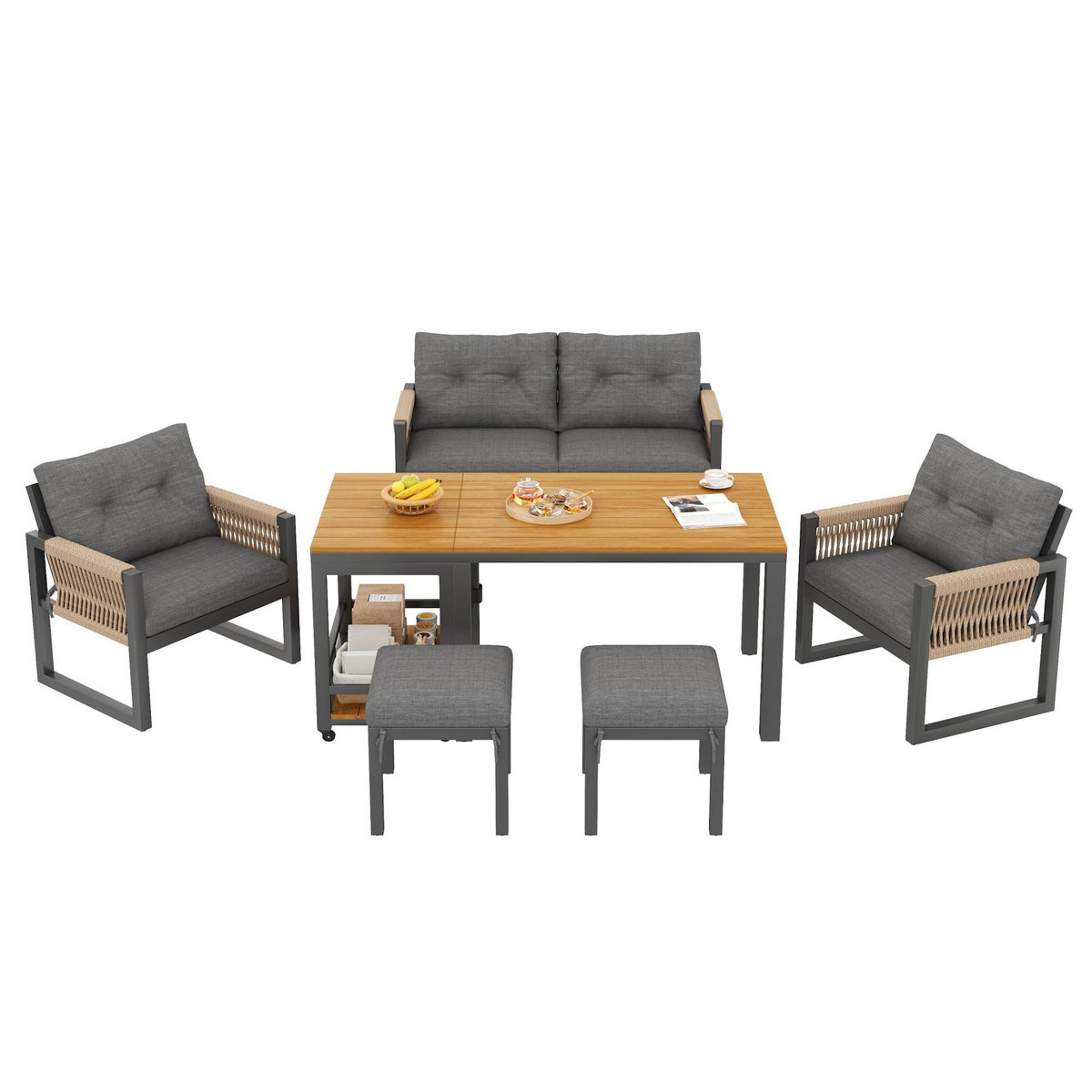 MERAX Salon de jardin 6 places avec canapé 2 places, 2 fauteuils, 2 poufs et table amovible,gris bois