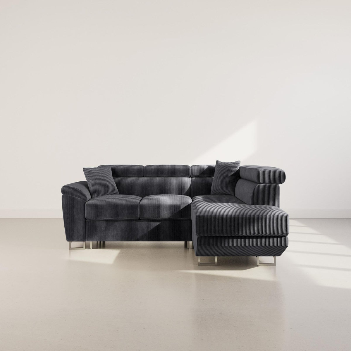 BEST MOBILIER Baoji - canapé d'angle droit 5 places convertible avec têtières et coffre en velours côtelé