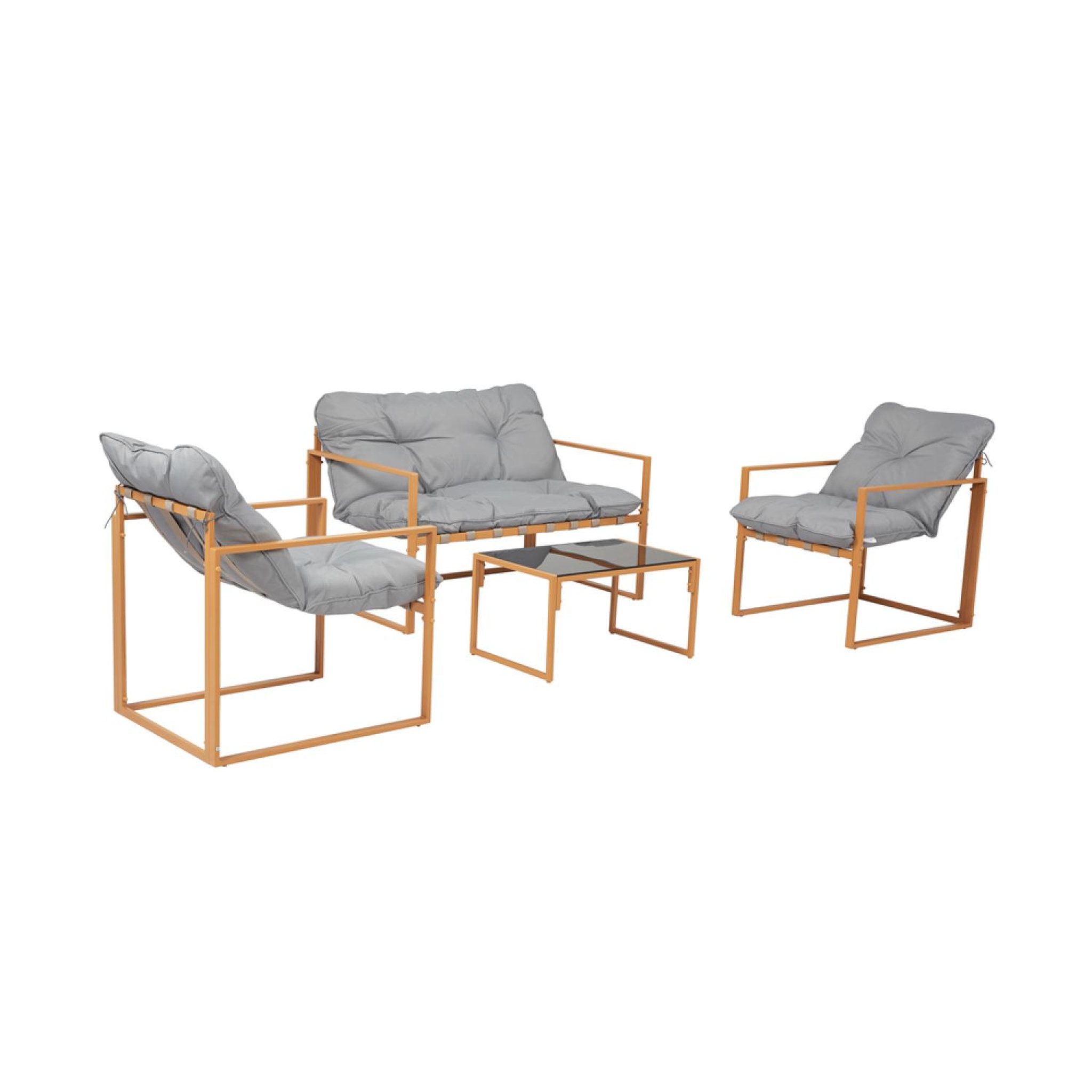 CONCEPT USINE Salon de jardin 4 places contemporain brun et coussins gris rabat