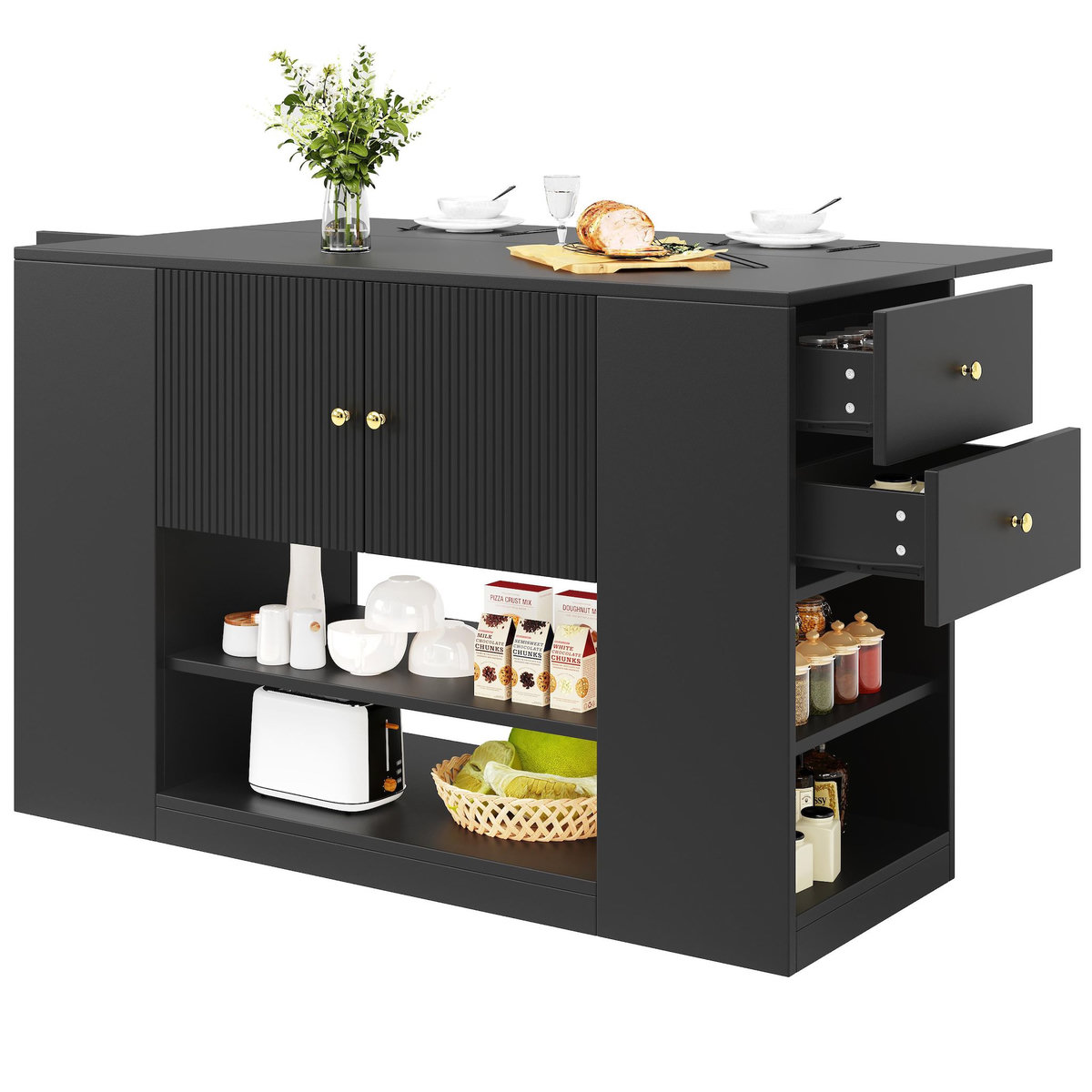 MERAX Ilot de cuisine 3 portes 2 tiroirs coloris noir mdf