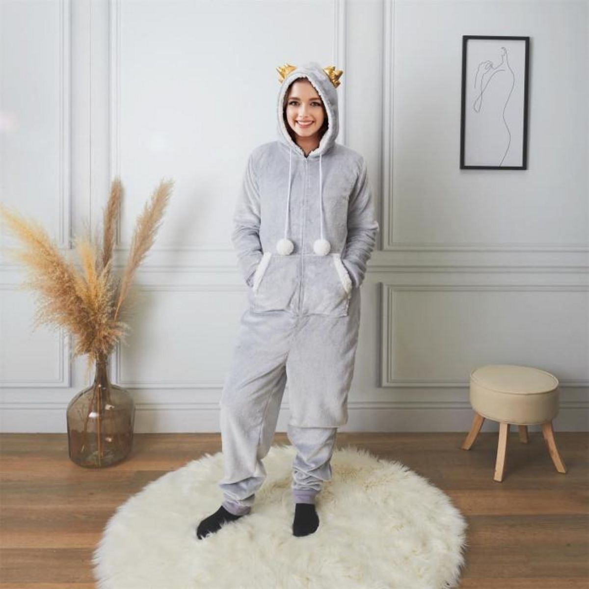 Paris Prix Combinaison Pyjama Adulte  Hibou  Gris