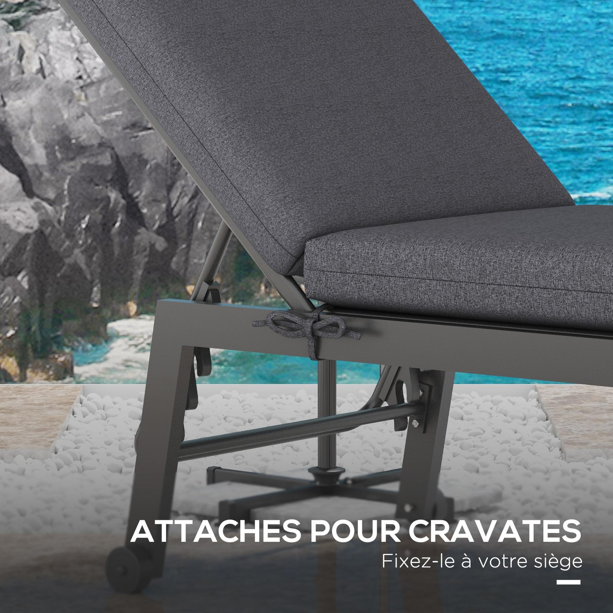 Voir la diapositive 5 : OUTSUNNY Lot de 2 matelas pour transat bain de soleil - dim. 190,5L x 58,4l x 7H cm - cordons d'attache - gris foncé