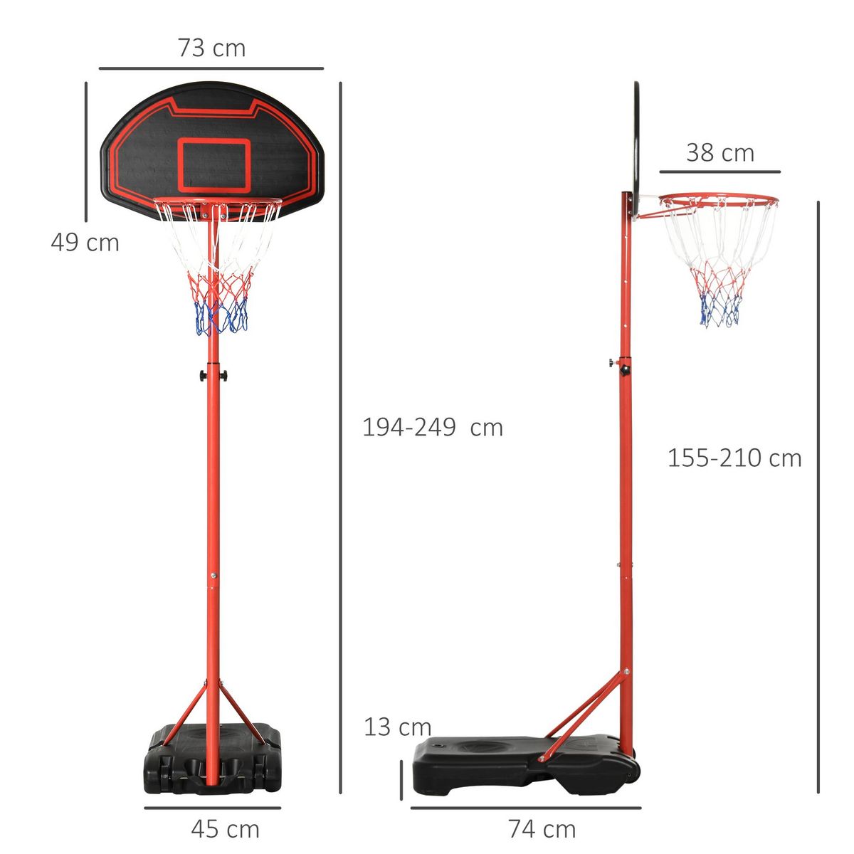 HOMCOM Panier de Basket-Ball sur pied avec poteau panneau, base de lestage sur roulettes hauteur réglable 1,55 - 2,1 m rouge noir