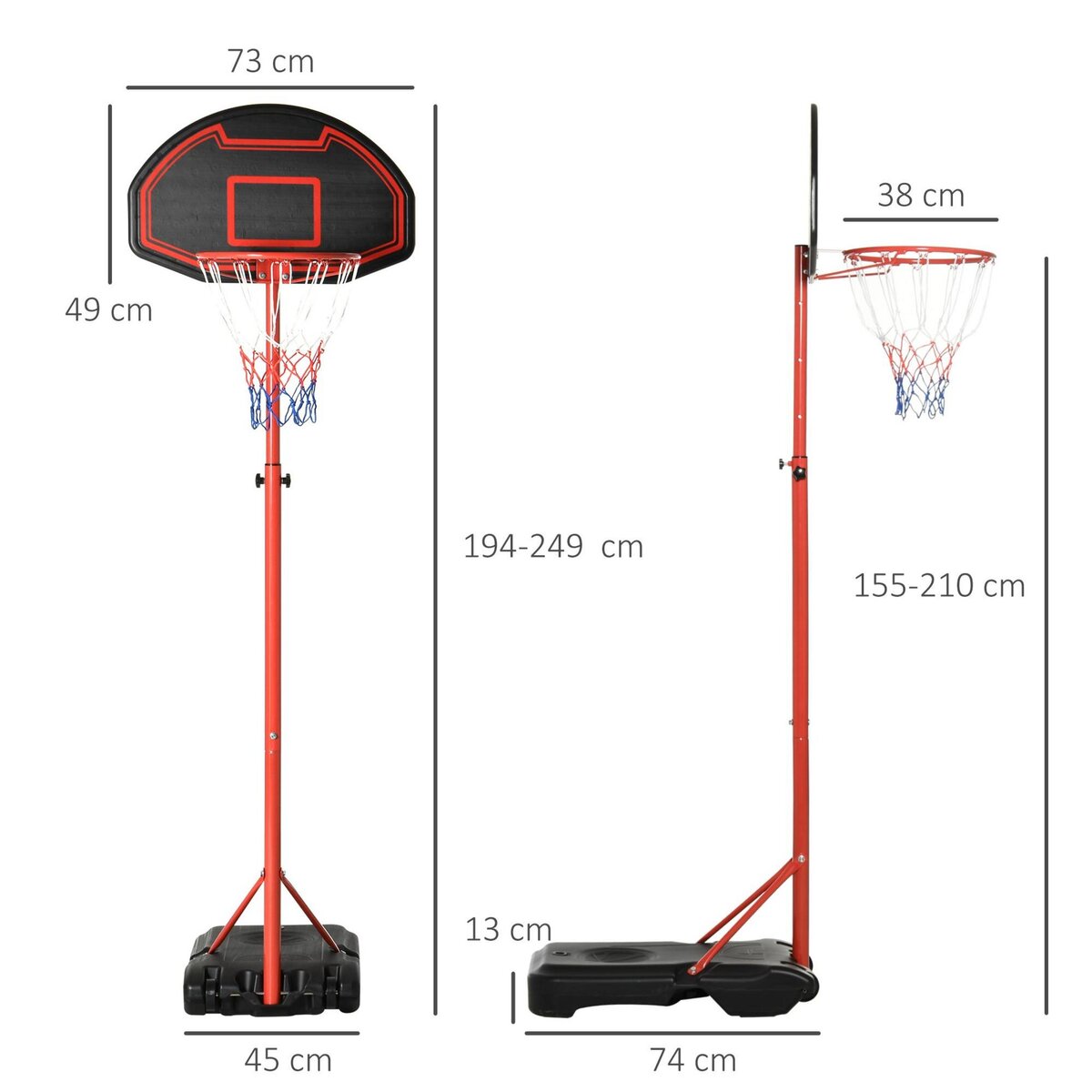 HOMCOM Panier de Basket-Ball sur pied avec poteau panneau, base de lestage sur roulettes hauteur réglable 1,55 - 2,1 m rouge noir